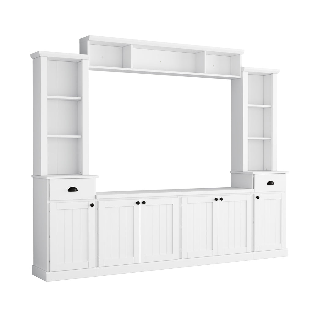 Minimalist Entertainment Wall Unit Set with Bridge for TVs Up to 75'', Ample Storage Space TV Stand with Adjustable Shelves, Modernist Large Media Console for Living Room, White - Grand Goldman Shop