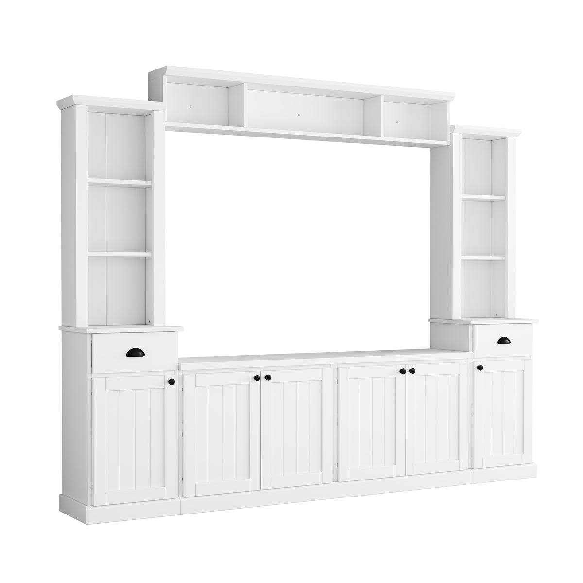 Minimalist Entertainment Wall Unit Set with Bridge for TVs Up to 75'', Ample Storage Space TV Stand with Adjustable Shelves, Modernist Large Media Console for Living Room, White - Grand Goldman Shop
