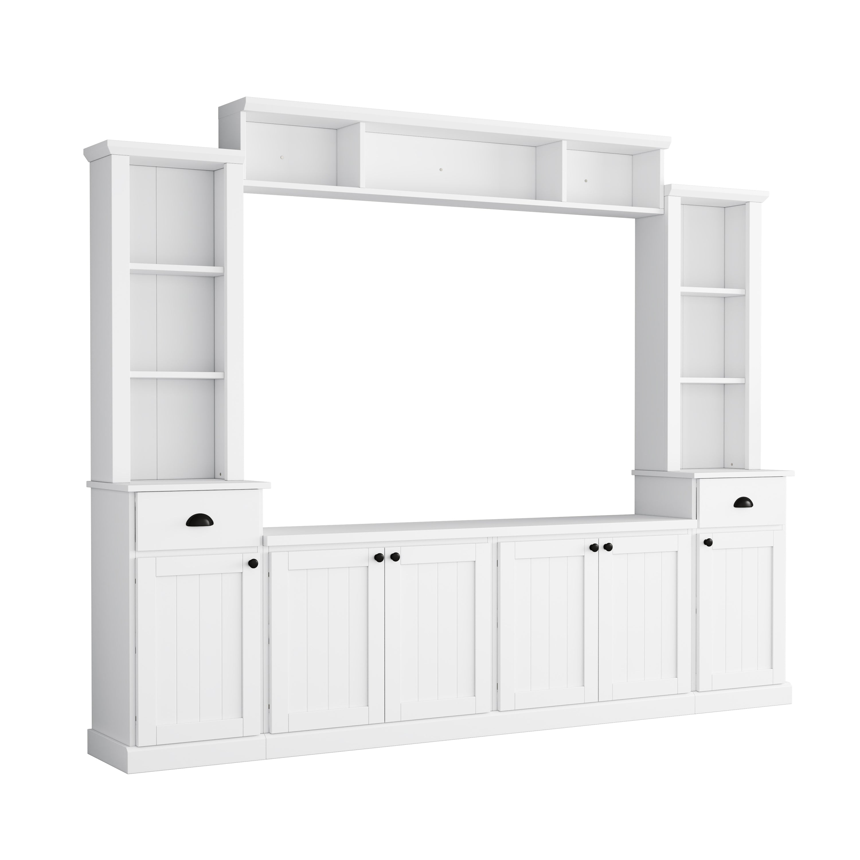 Minimalist Entertainment Wall Unit Set with Bridge for TVs Up to 75'', Ample Storage Space TV Stand with Adjustable Shelves, Modernist Large Media Console for Living Room, White - Grand Goldman Shop