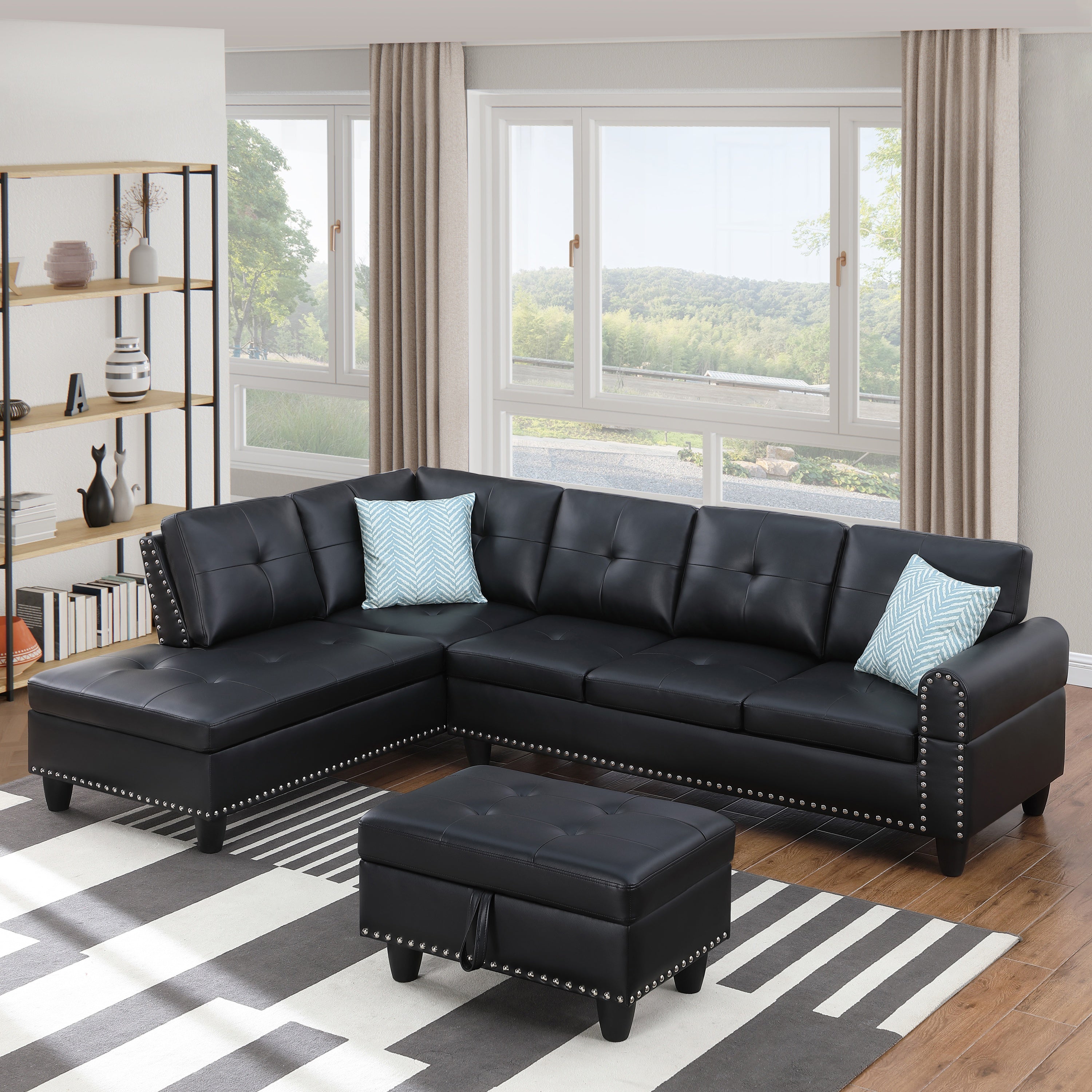 Irine Traditional Faux Leather Sectional Sofa with Ottoman and Storage in Black - Grand Goldman Shop