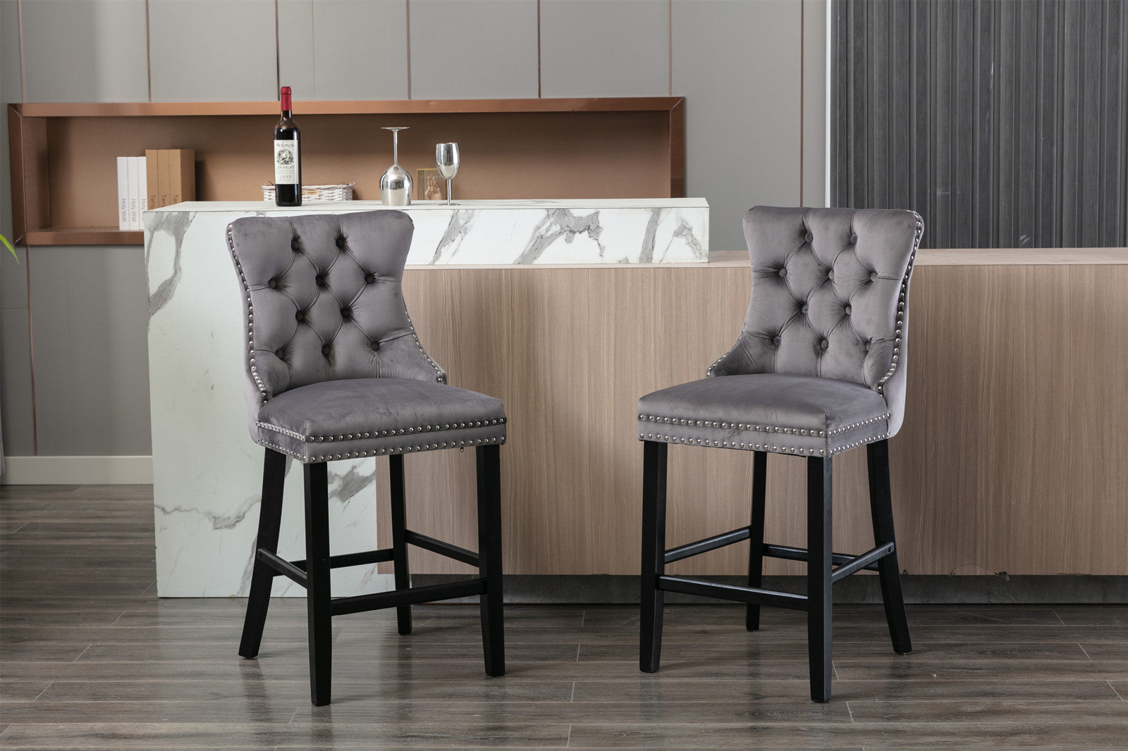 Contemporary Velvet Upholstered Barstools with Button Tufted Decoration and Wooden Legs, and Chrome Nailhead Trim, Leisure Style Bar Chairs,Bar stools, Set of 2 (Gray),SW1902GY - Grand Goldman Shop