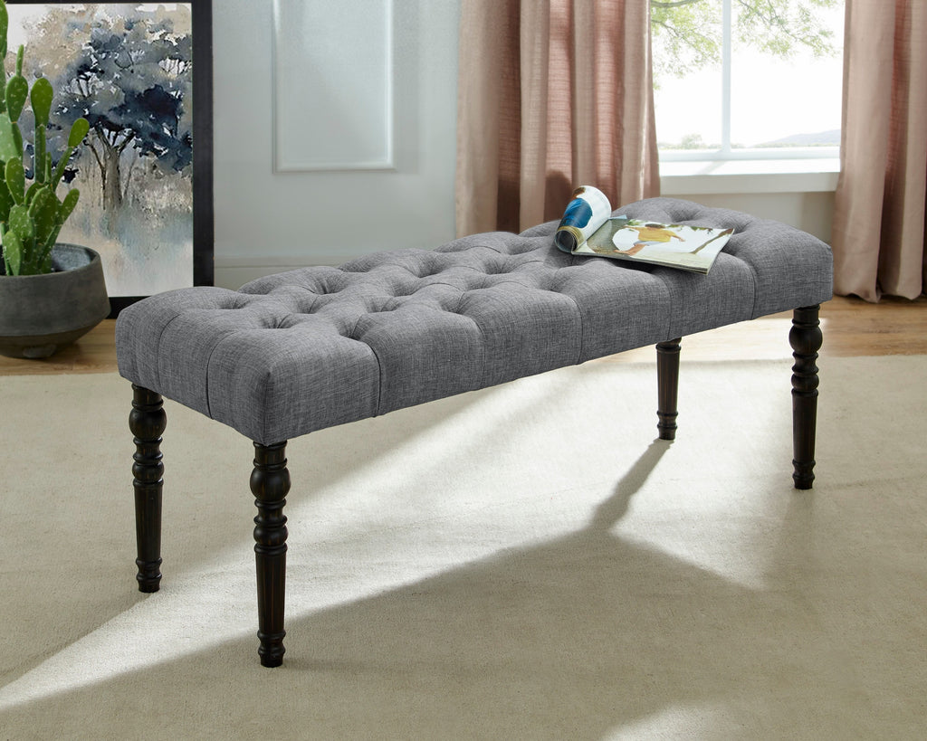 Leviton Fabric Tufted Turned Leg  Dining Bench, Gray - Grand Goldman Shop