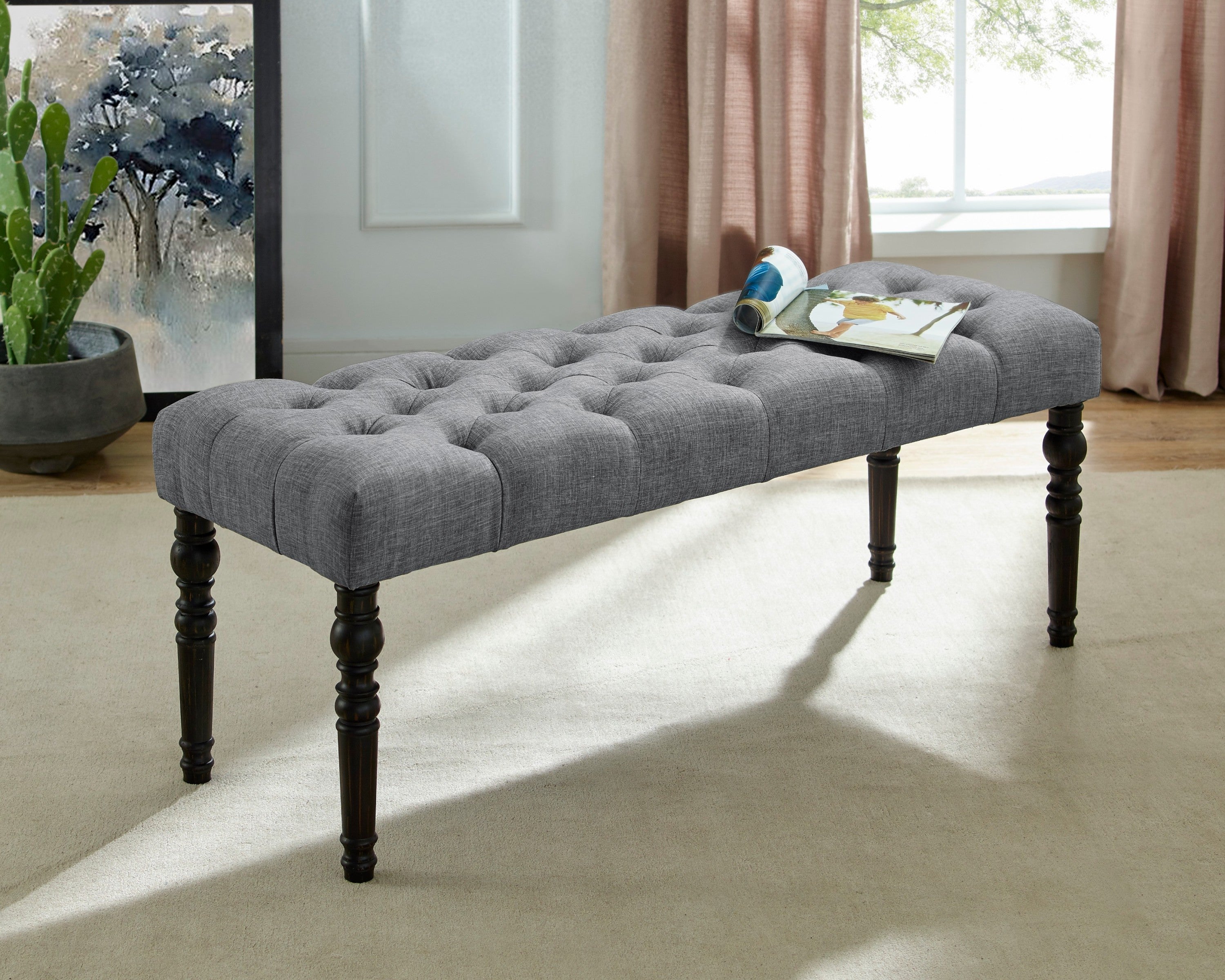 Leviton Fabric Tufted Turned Leg  Dining Bench, Gray - Grand Goldman Shop