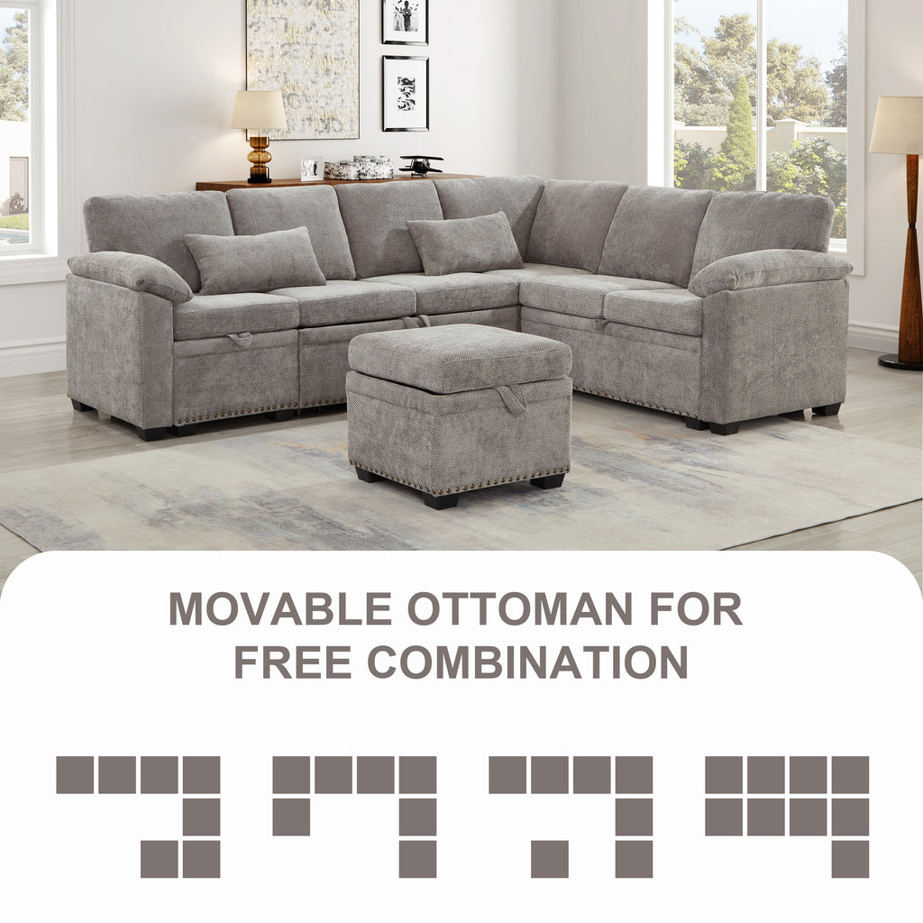 97 Inch L-Shaped Corner Sectional Sofa Couch with Storage Ottoman,Chenille Fabric Couch with 7 Seats & 2 Pillows for Living Room, Modern, Small Space, Easy Assembly,Grey - Grand Goldman Shop