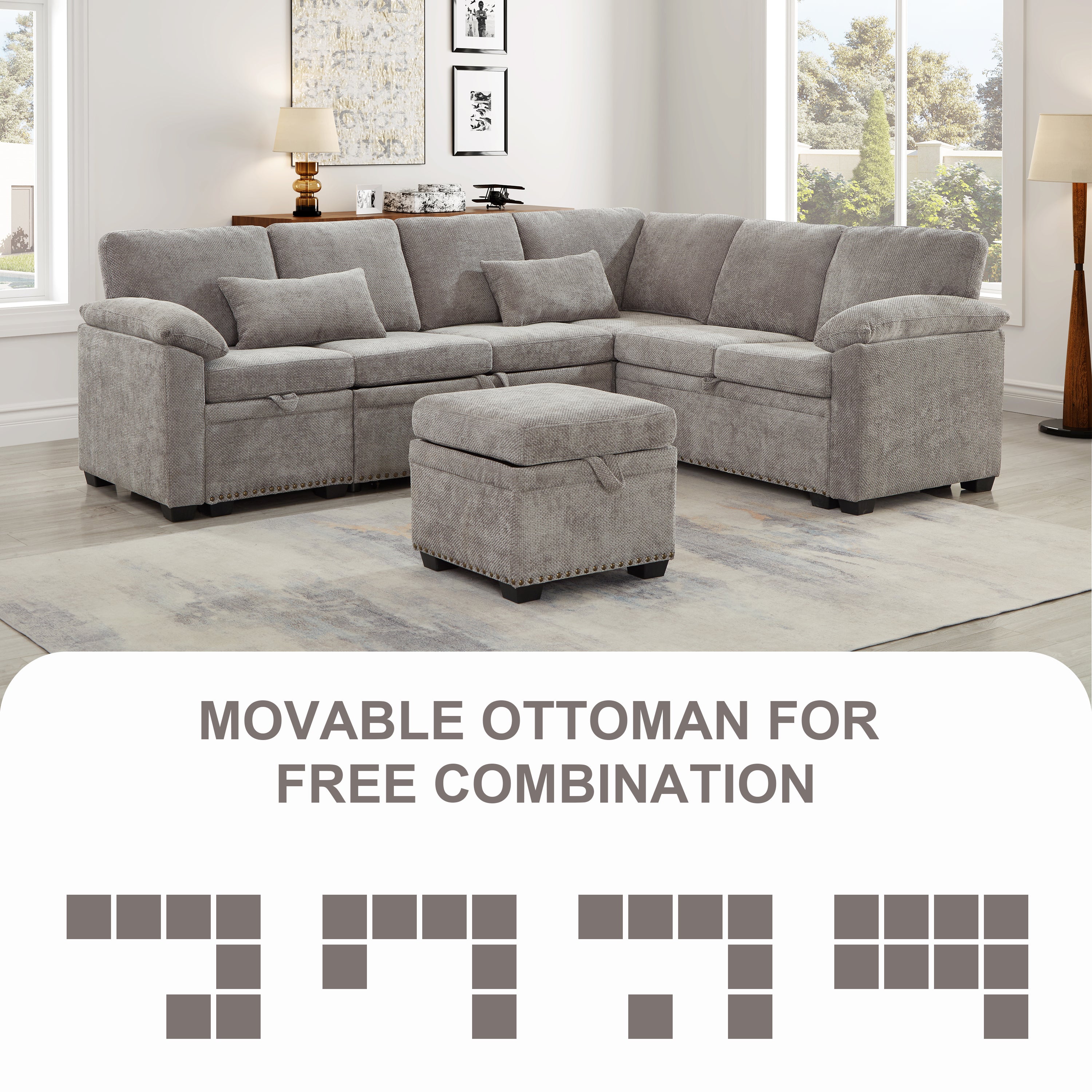 97 Inch L-Shaped Corner Sectional Sofa Couch with Storage Ottoman,Chenille Fabric Couch with 7 Seats & 2 Pillows for Living Room, Modern, Small Space, Easy Assembly,Grey - Grand Goldman Shop