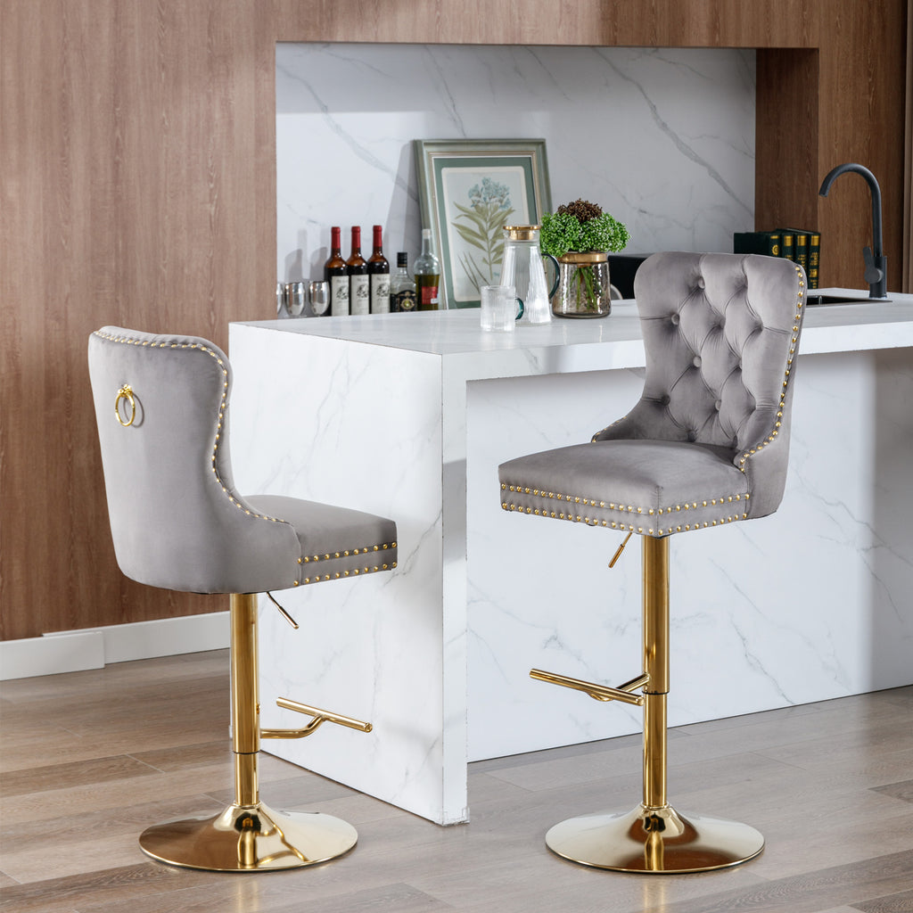 A&A Furniture Modern Upholstered Velvet Bar Stools with Adjustable Swivel Seat Height in Gray, Set of 2 - Grand Goldman Shop