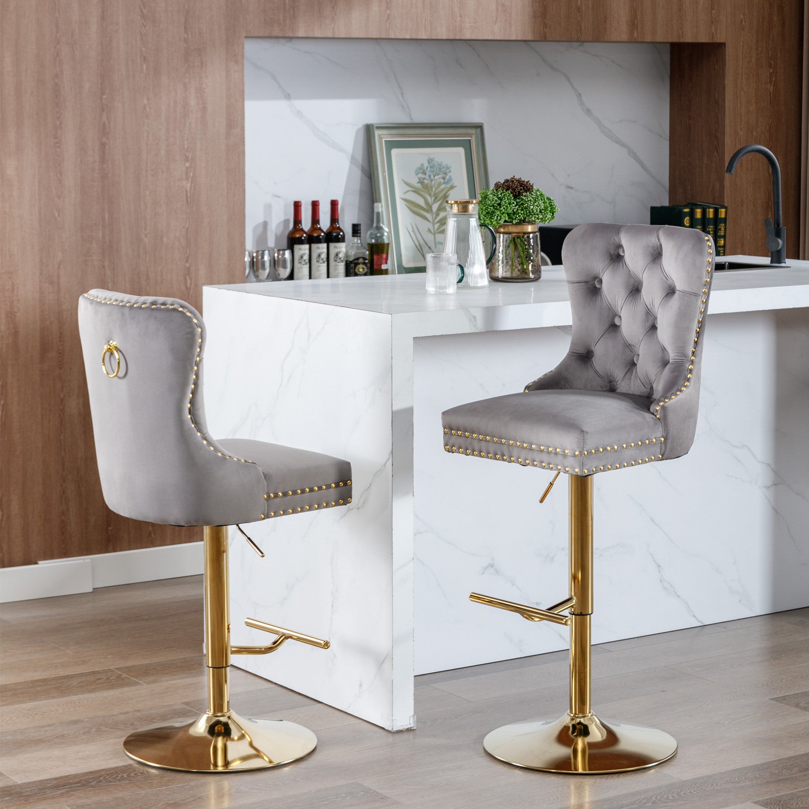 A&A Furniture Modern Upholstered Velvet Bar Stools with Adjustable Swivel Seat Height in Gray, Set of 2 - Grand Goldman Shop