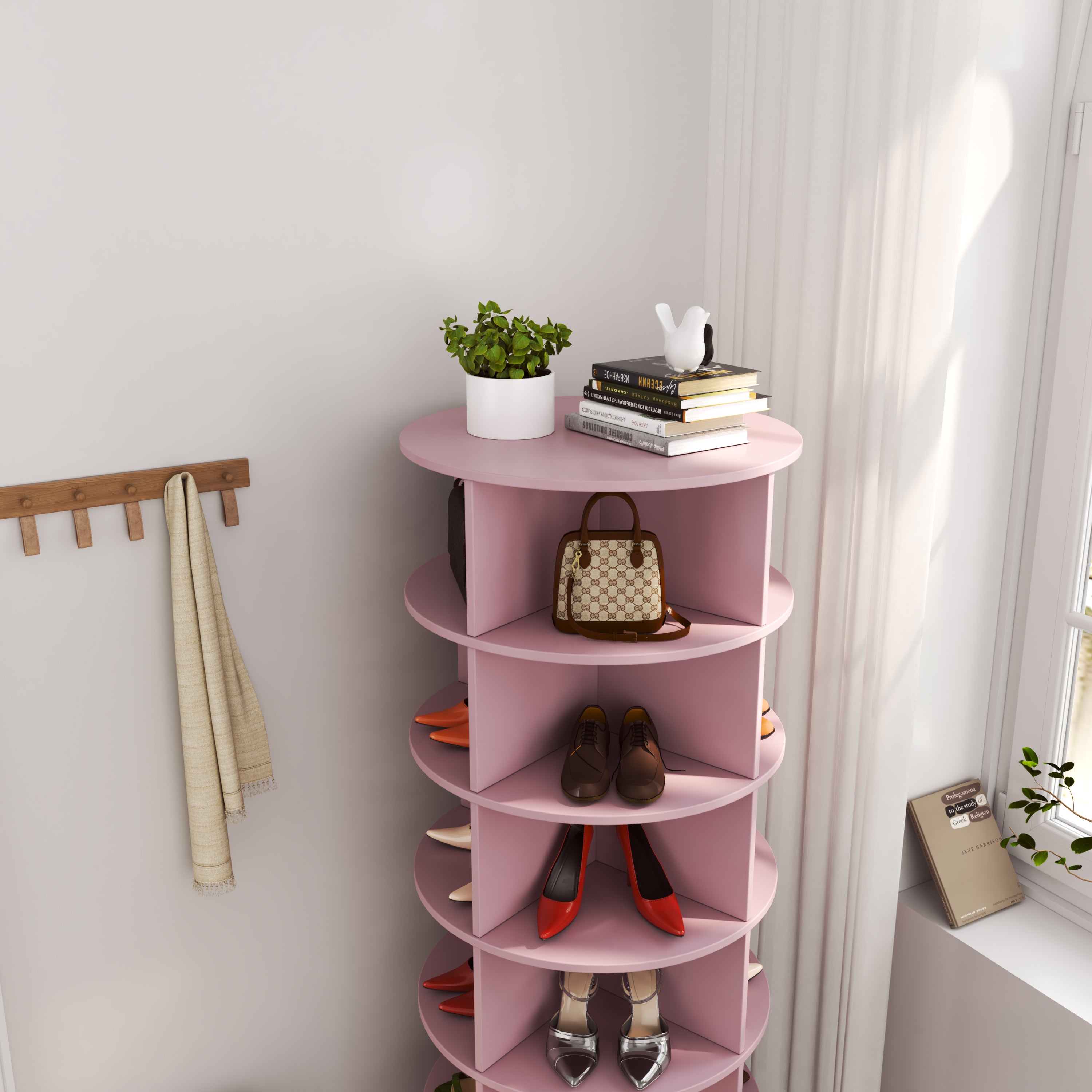 Modern Pink 360 Rotating Shoe Cabinet with 6 Layers for Space-Saving Organization, Plywood, Large Capacity - Grand Goldman Shop