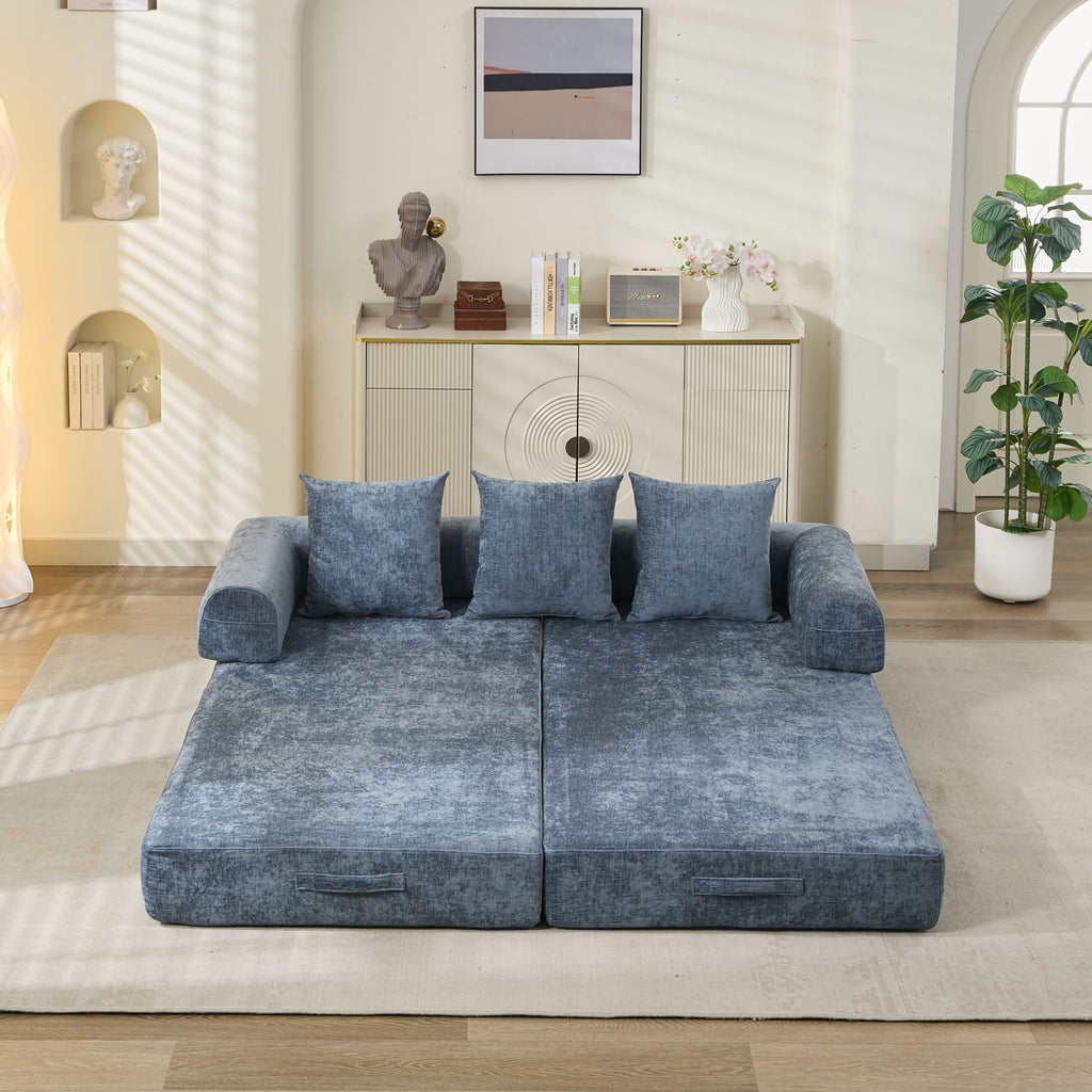 Comfy Convertible Folding Mattress Couch, Floor Sofa Bed, Chenille Floor Sofa with Armrest, Floor Sofa Lounge Couch for Living Room Bedroom Lounge Studio-Blue - Grand Goldman Shop