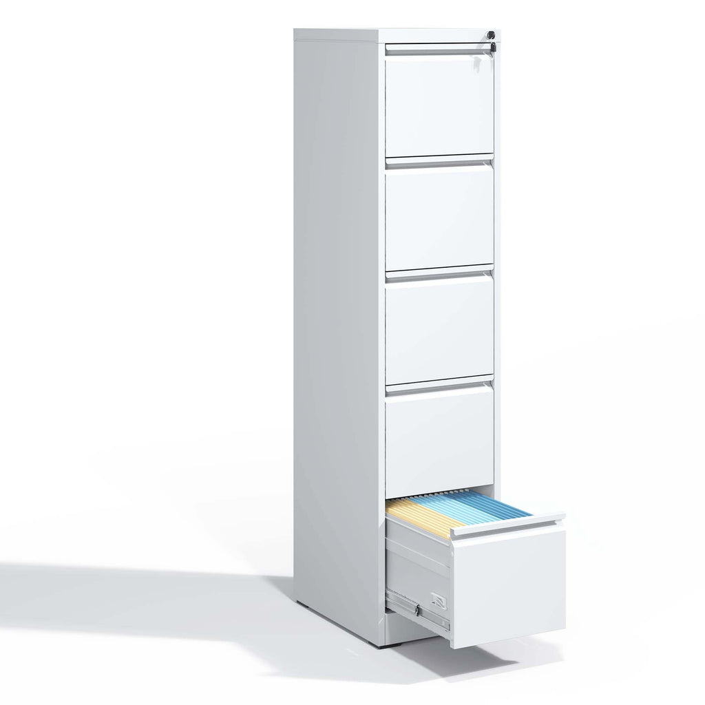 SteelCraft Pro 5 Drawer Metal Vertical File Cabinet with Lock in White for A4 Legal/Letter Size - Grand Goldman