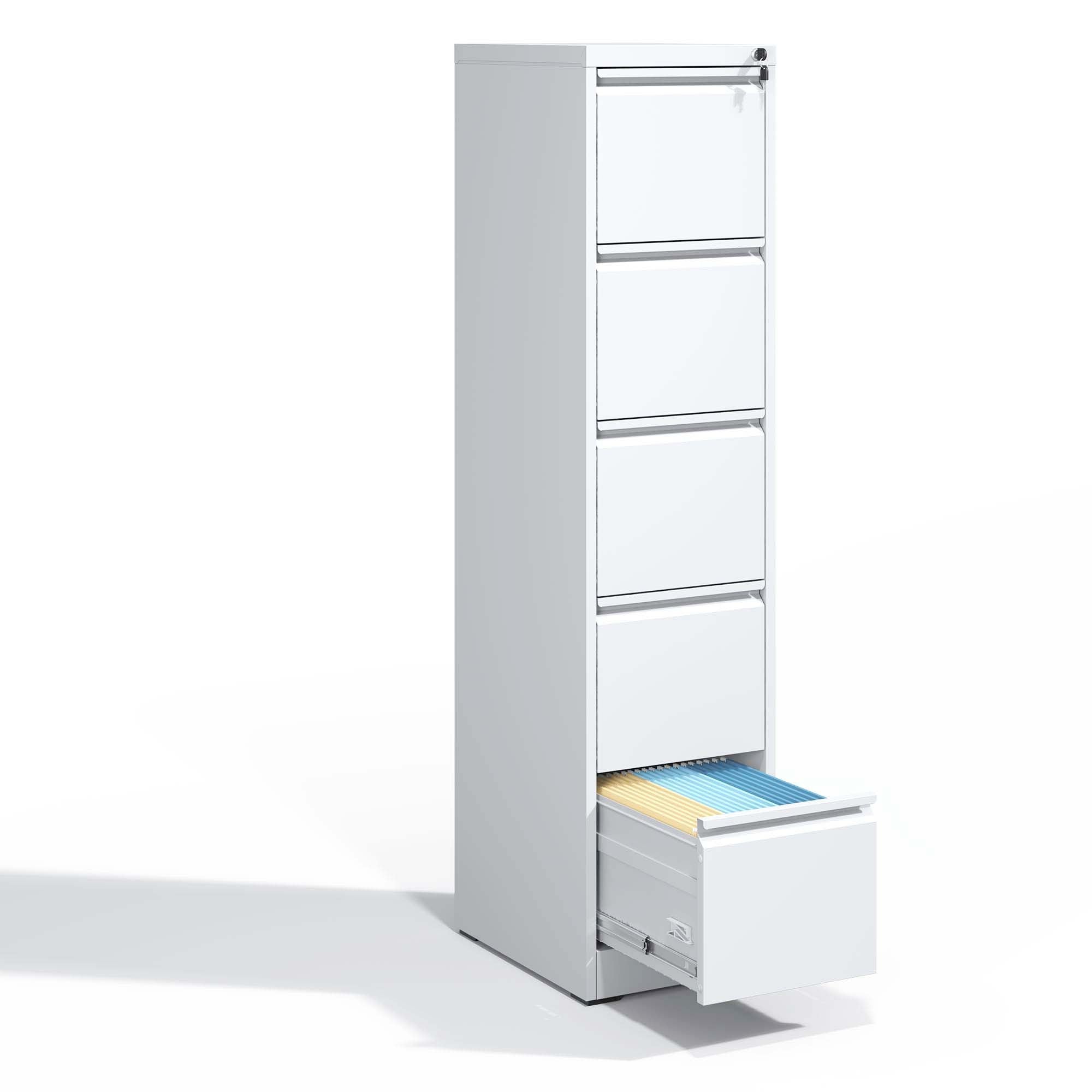 SteelCraft Pro 5 Drawer Metal Vertical File Cabinet with Lock in White for A4 Legal/Letter Size - Grand Goldman