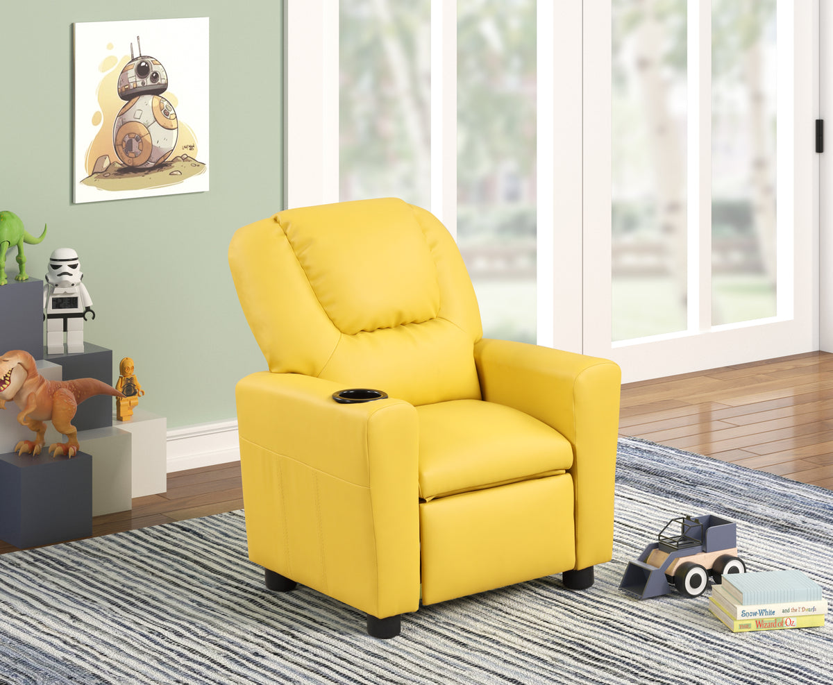 Marisa 23' Yellow PU Leather Kids Recliner Chair with Cupholder | Premium Home Decor - Grand Goldman