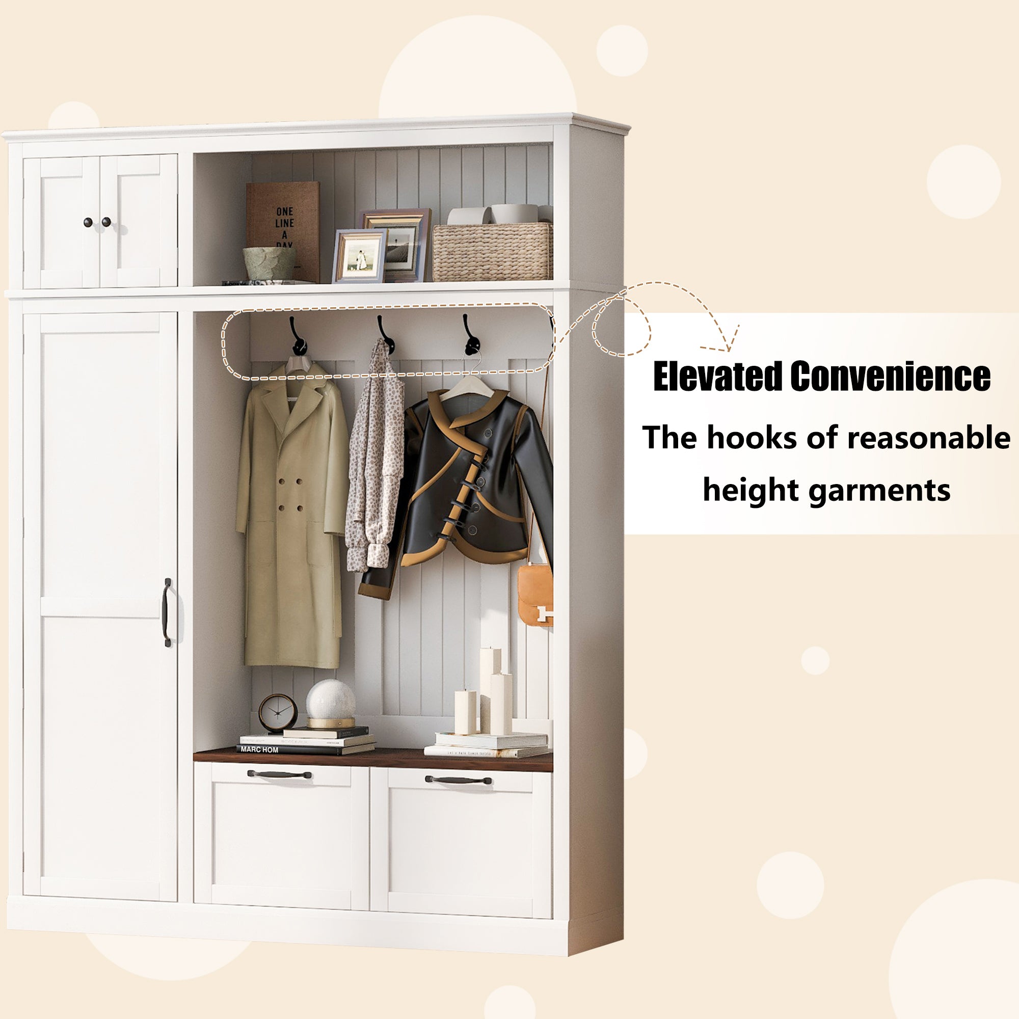 3-in-1 Hall Tree with Overhead Storage Cabinet, 3 Adjustable Side Shelves, 4 Heavy-Duty Hooks, 2 Spacious Drawers, Grooved Back Panel Design, Contrasting Seat Bench, Multifunctional Entryway Organizer - Grand Goldman Shop