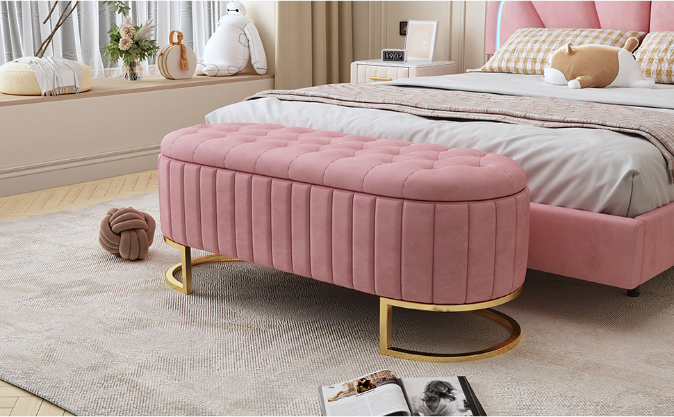 Elegant Upholstered Velvet Storage Ottoman with Button-Tufted,Storage Bench with Metal Legs for Bedroom,Living Room,Fully Assembled Except Legs,Pink - Grand Goldman Shop
