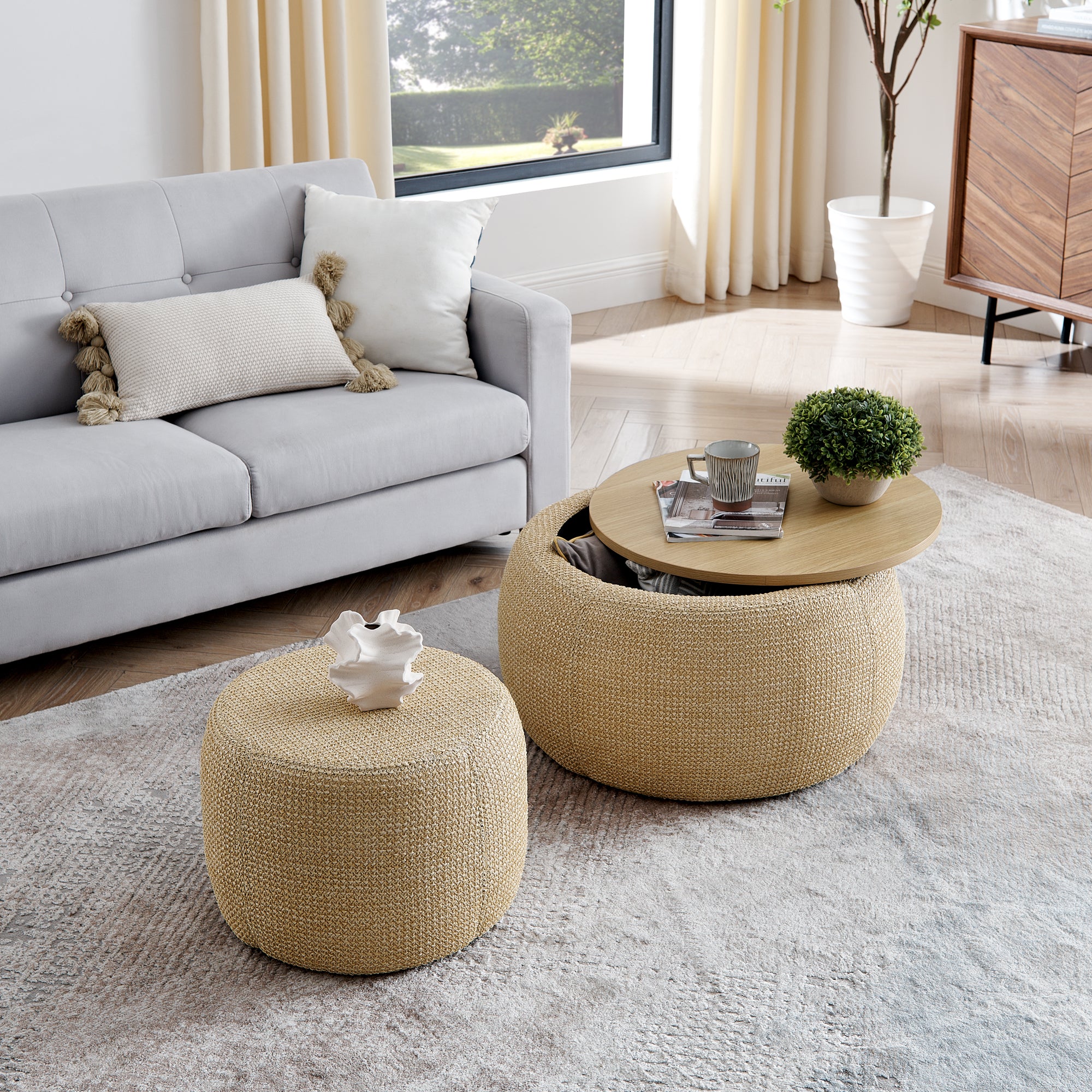 Woven Rattan Fabric Round Storage Ottoman with 2-in-1 Function as End Table and Ottoman, Dark Yellow, 25'x25'x14.7' - Grand Goldman Shop