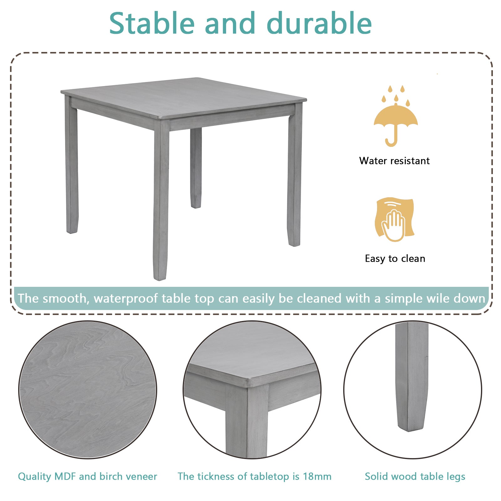 Wooden Dining Square Table, Kitchen Table for Small Space, 4 Person Dining Table, Gray ONLY THE TABLE - Grand Goldman Shop
