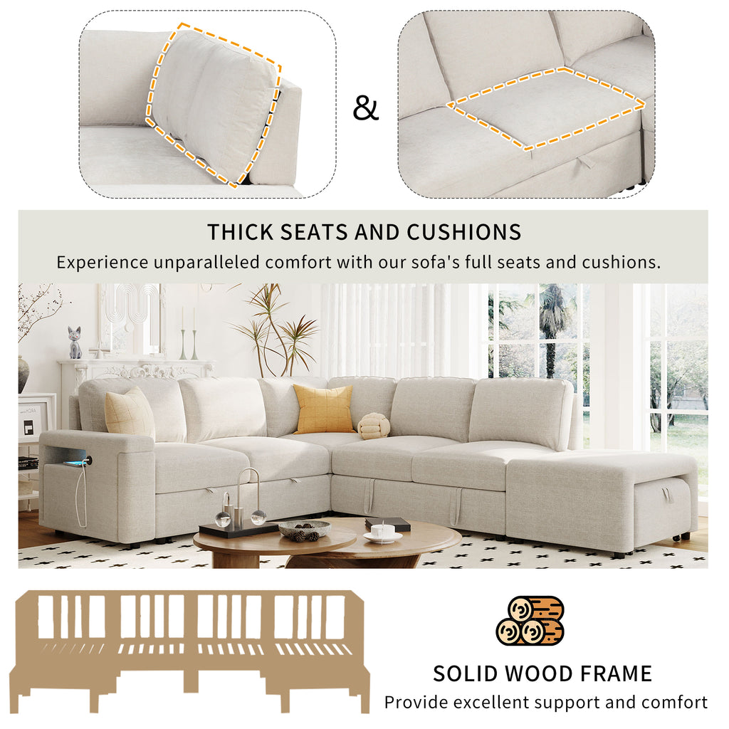 U_STYLE L-shaped Pull-Out Sofa Bed with Storage, USB Ports, and Cup Holders, Modular Design for Living Rooms, Offices & Apartments - Grand Goldman Shop