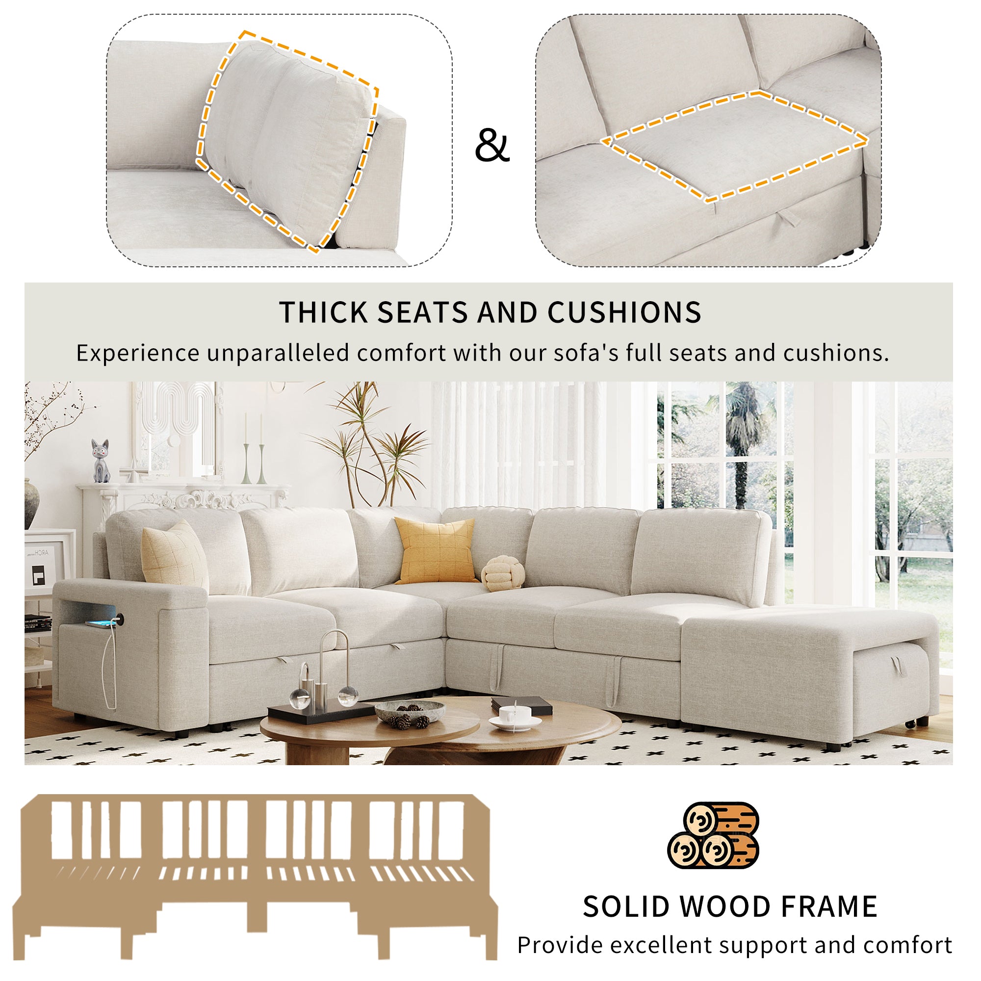 U_STYLE L-shaped Pull-Out Sofa Bed with Storage, USB Ports, and Cup Holders, Modular Design for Living Rooms, Offices & Apartments - Grand Goldman Shop