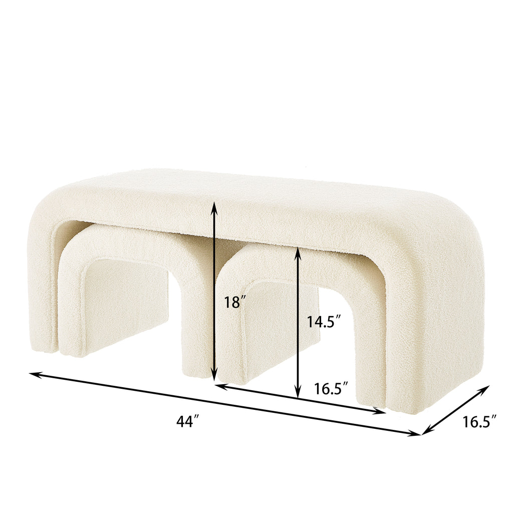Set of 3 U-Shaped Modern Bench Teddy  Ottoman Bench for Entryway, Bedroom End of Bed, Set of 3 Small Sofa Footrest Extra Seating for Living Room, 44+18 Inch Bench Bench & Ottoman- Cream - Grand Goldman Shop