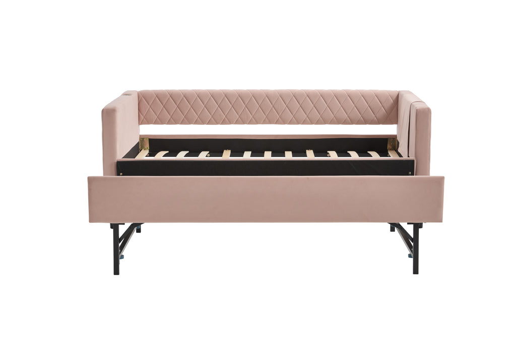 Pink velvet daybed, sturdy wooden bed frame, modern diamond grid pull-out design, perfect for bedroom, living room furniture - Grand Goldman Shop