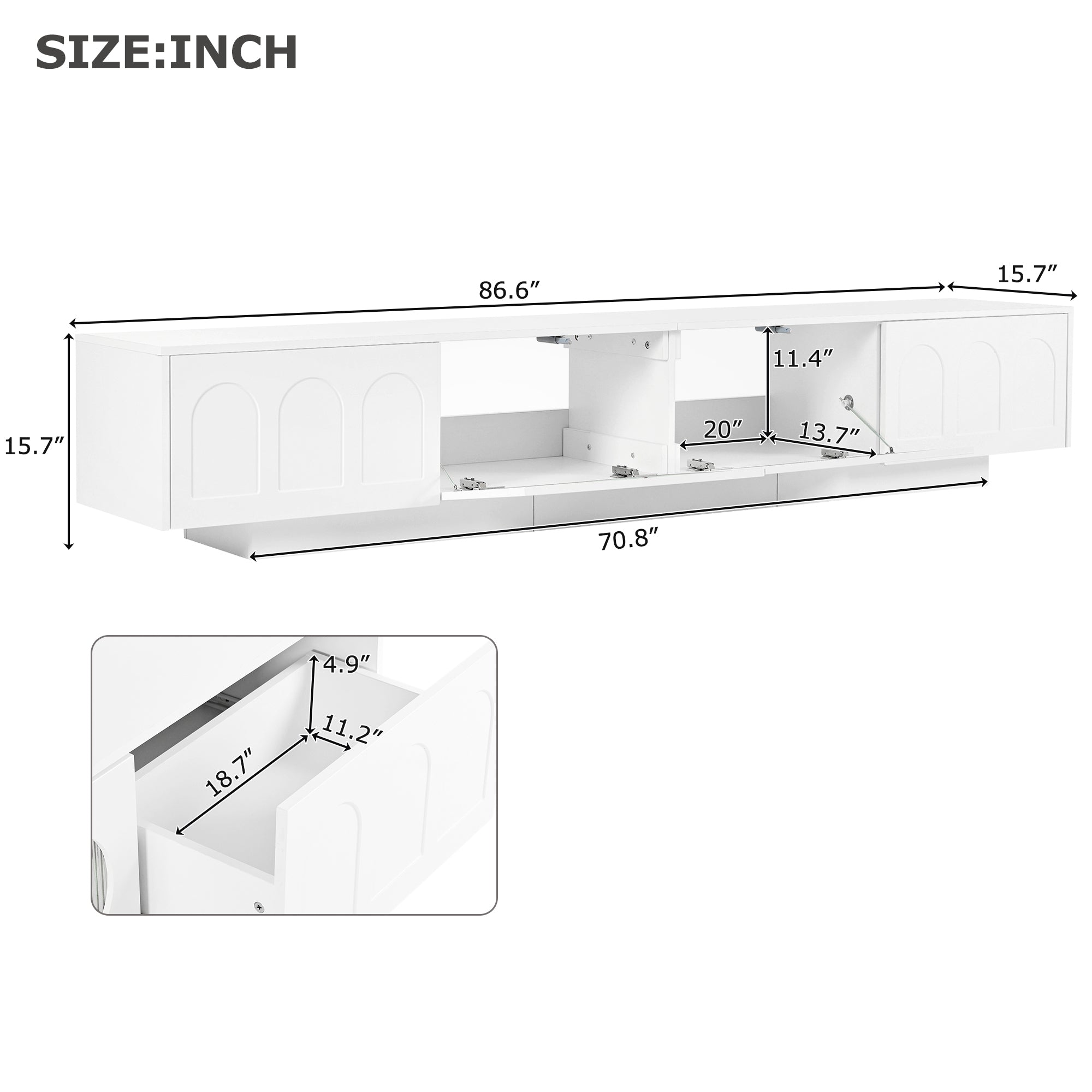 ON-TREND TV Stand with Fluted tempered Glass Doors for TVs Up to 95'', Functional Media Console with Arched Cabinet Doors, Entertainment Center with APP-Controlled LED Light for Living Room, White - Grand Goldman Shop