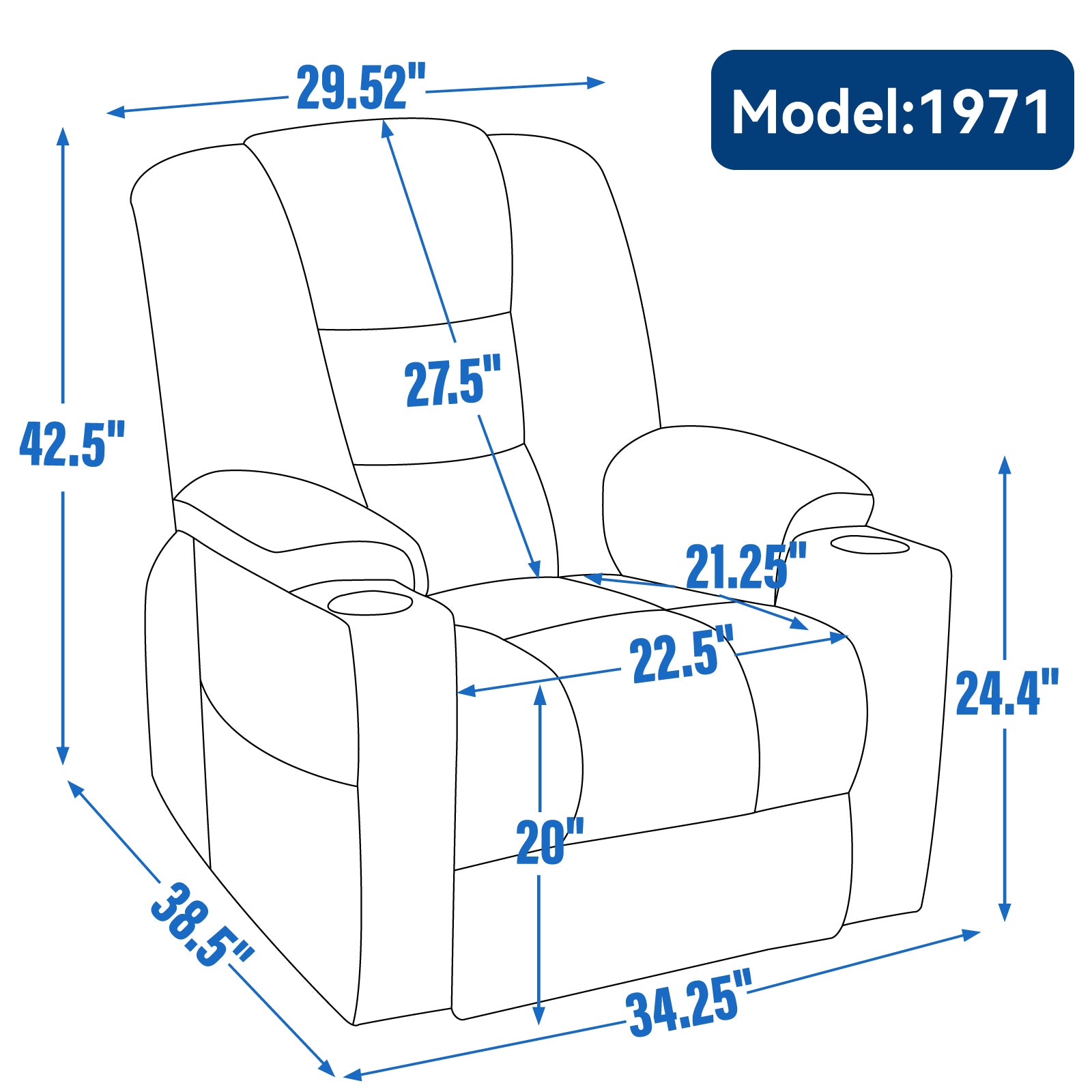 Power Lift Recliner Chair with Massage and Heat for Elderly, Overstuffed Wide Recliners, Heavy Duty Motion Mechanism with USB and Type C Ports, 2 Steel Cup Holders, Blue - Grand Goldman Shop