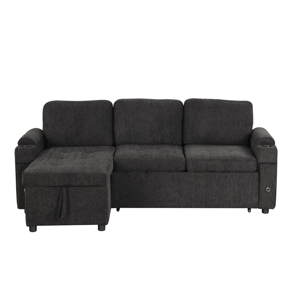 Black Convertible L-shaped Sofa Couch with Storage, Cup Holders, USB Ports, Chenille Fabric, 83.5' - Grand Goldman Shop