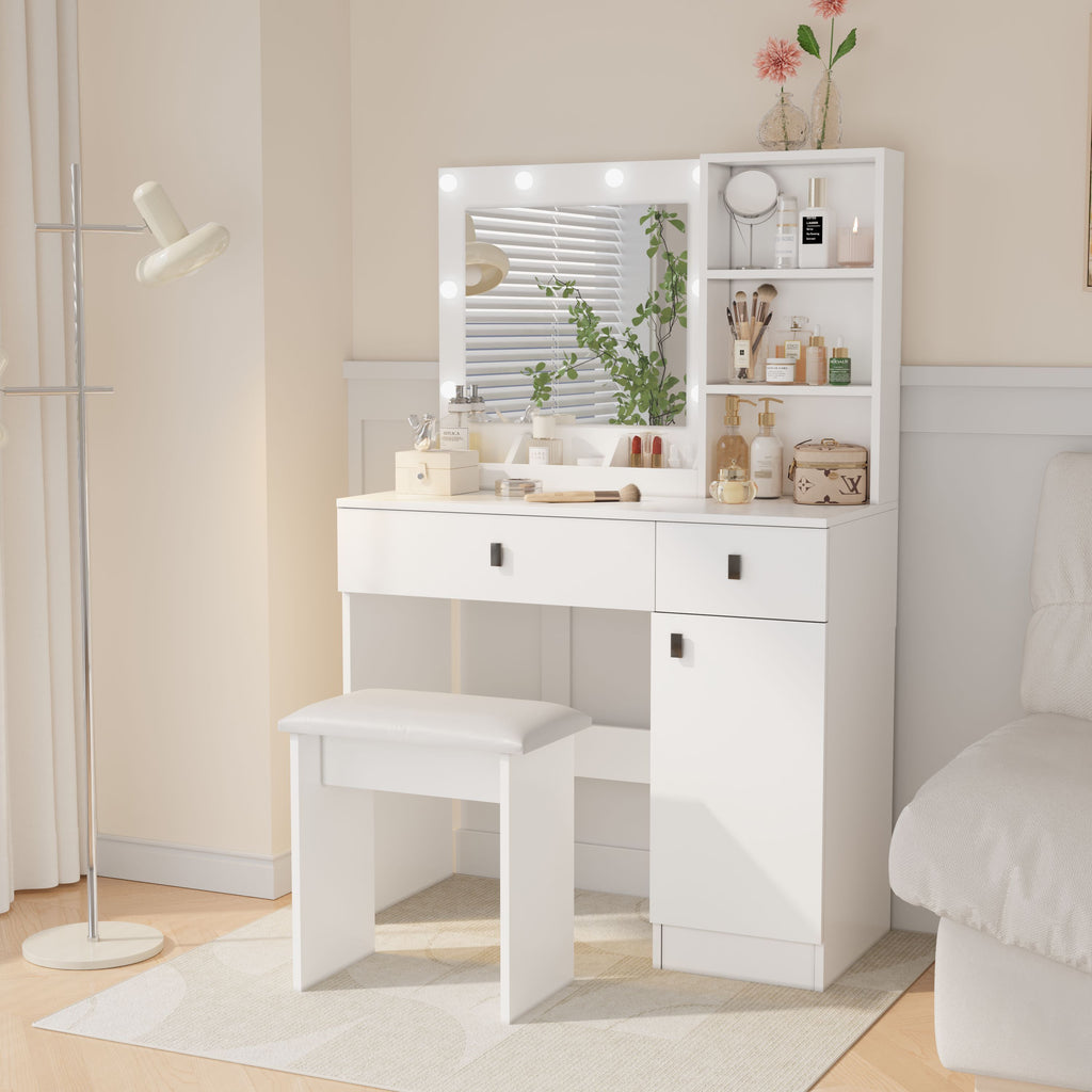 Vanity Desk with Lights, Vanity Set with Mirror, Makeup Vanity Desk with Large Drawers & Three Level Storage Dreeser, Vanitys/Vanities with 3 Lights Brightness Adjustable for Bedroom, White - Grand Goldman Shop