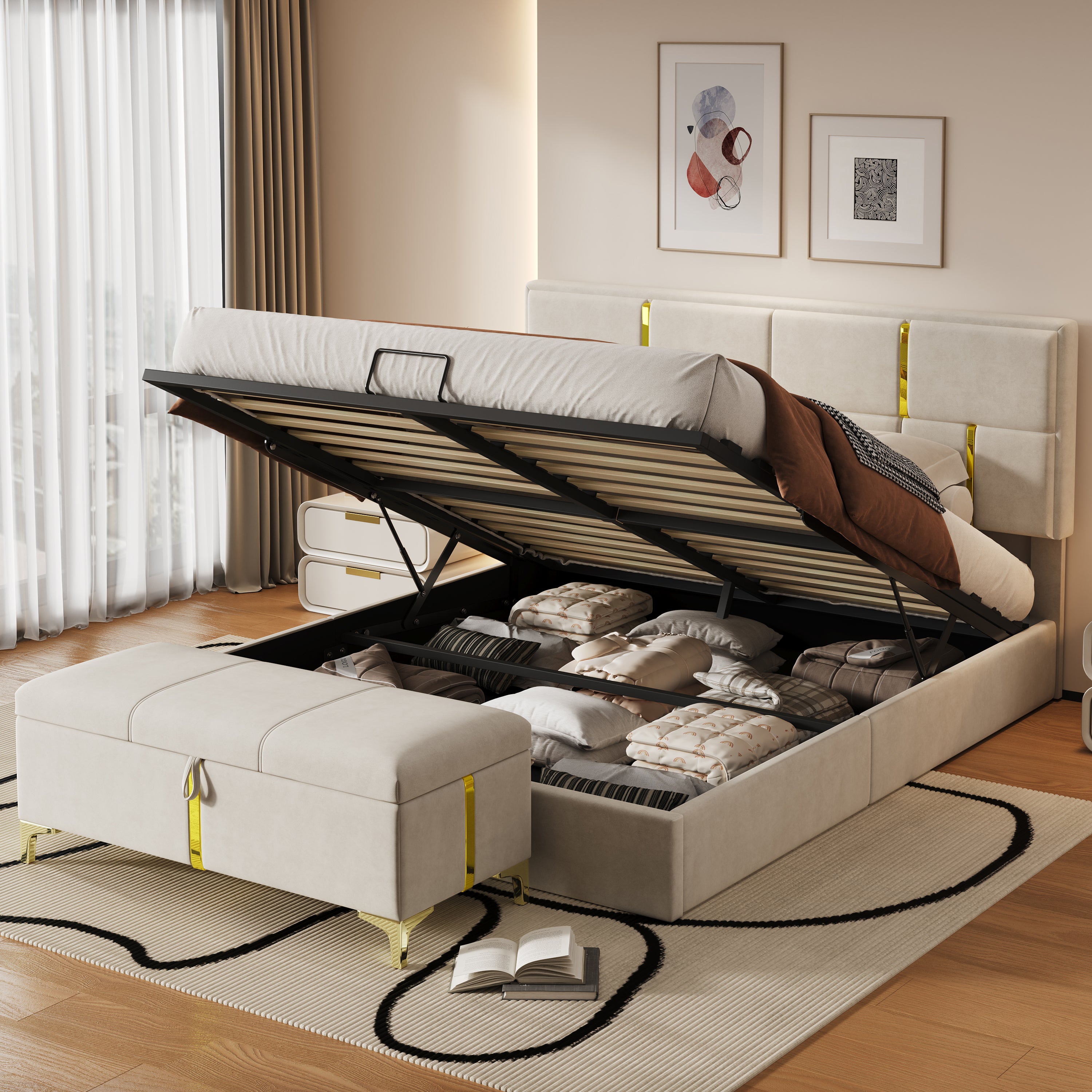 2-Pieces Bedroom Sets,Queen Size Upholstered Platform Bed with Hydraulic Storage System,Storage Ottoman with Metal Legs,Beige(Old SKU:N733S207778A) - Grand Goldman Shop