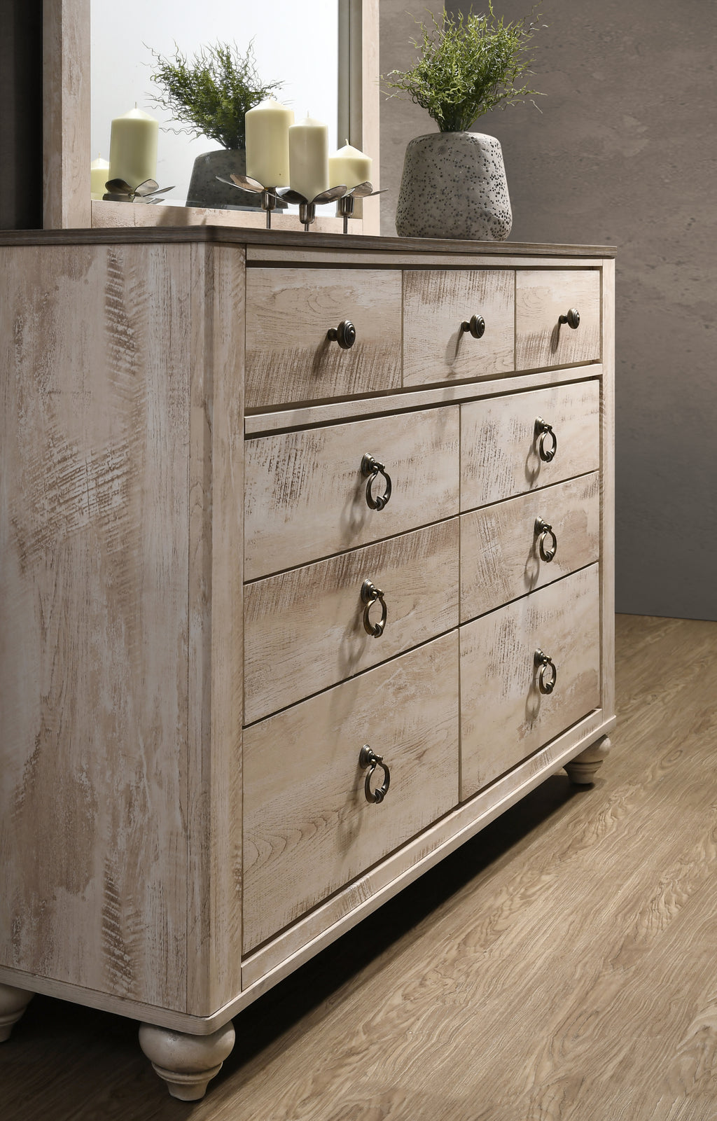 Imerland Contemporary White Wash Finish 4-Piece Bedroom Set-Queen Bed, Dresser, Mirror, Nightstand - Grand Goldman Shop