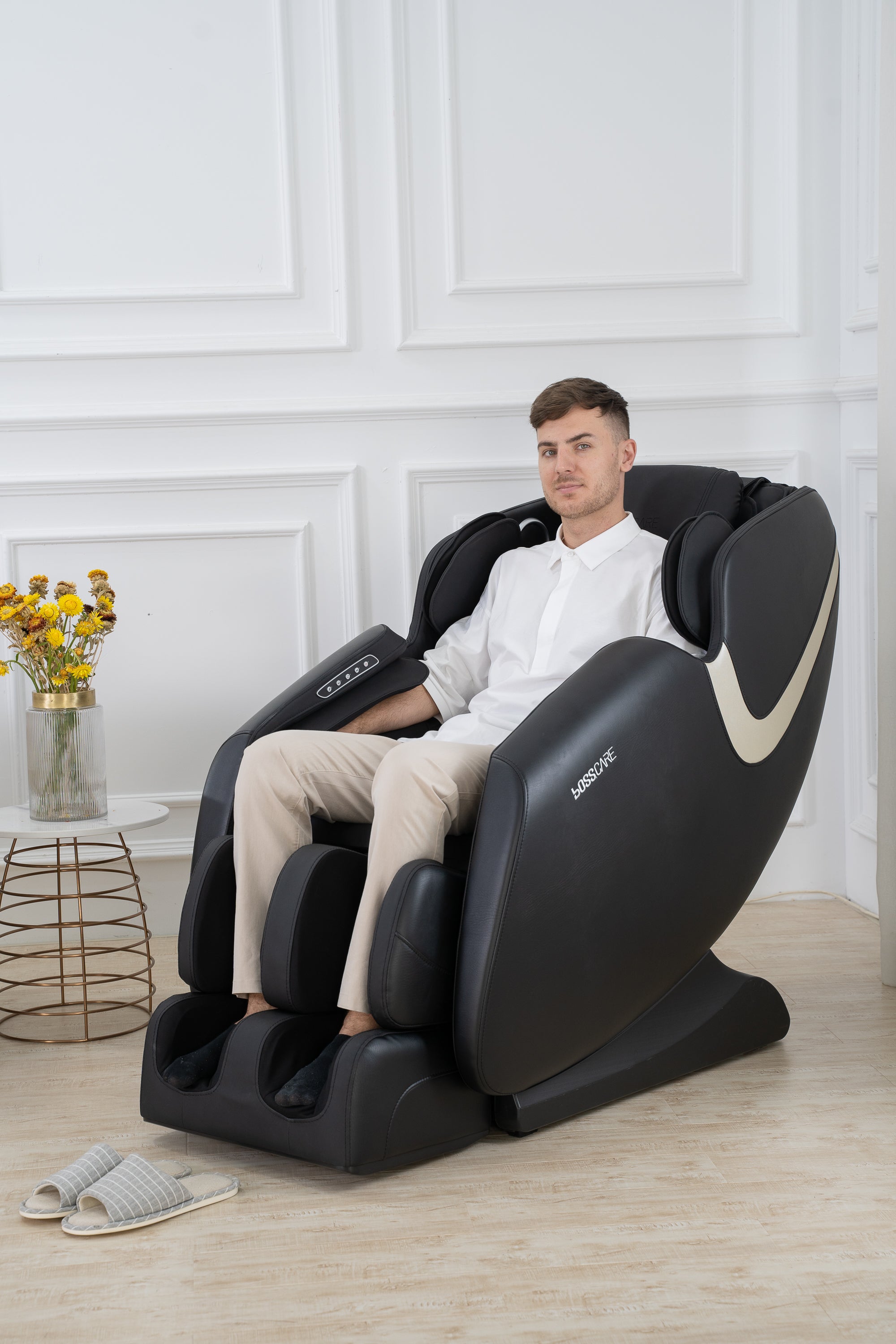 BOSSCARE Massage Chair Recliner with Zero Gravity, Full Body Airbag Massage Chair with Bluetooth Speaker, Foot Roller Brown - Grand Goldman Shop