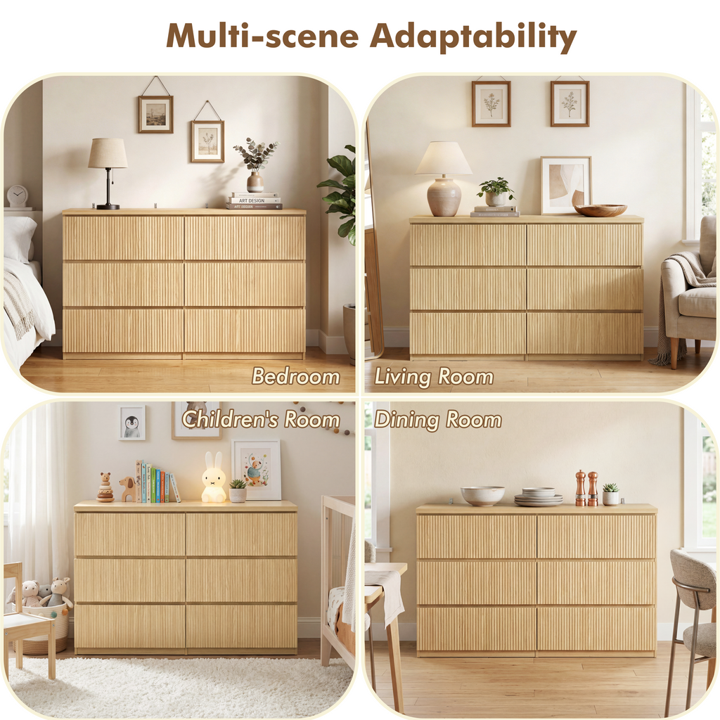6 Drawer Storage Cabinet ,Dresser, Wood Storage Tower Clothes Organizer with Wavy drawer panel, Wide Chest of 6 Drawers, Large Storage Space for Bedroom, Hallway, Entryway Living Room Natural - Grand Goldman Shop