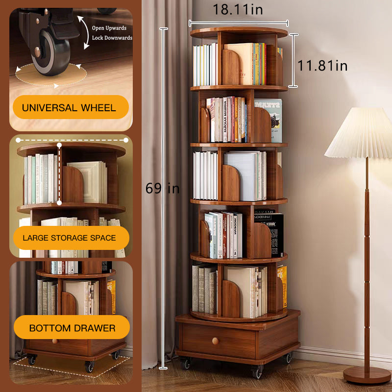 (UPGRADED) Rotating Bookshelf, 360 Display Corner Bookshelf for Small Space, 6 Tier Bookcase Storage Rack with Wheels, Wood Narrow Organizer for Bedroom, Living Room, Study Room, Walnut Brown - Grand Goldman Shop