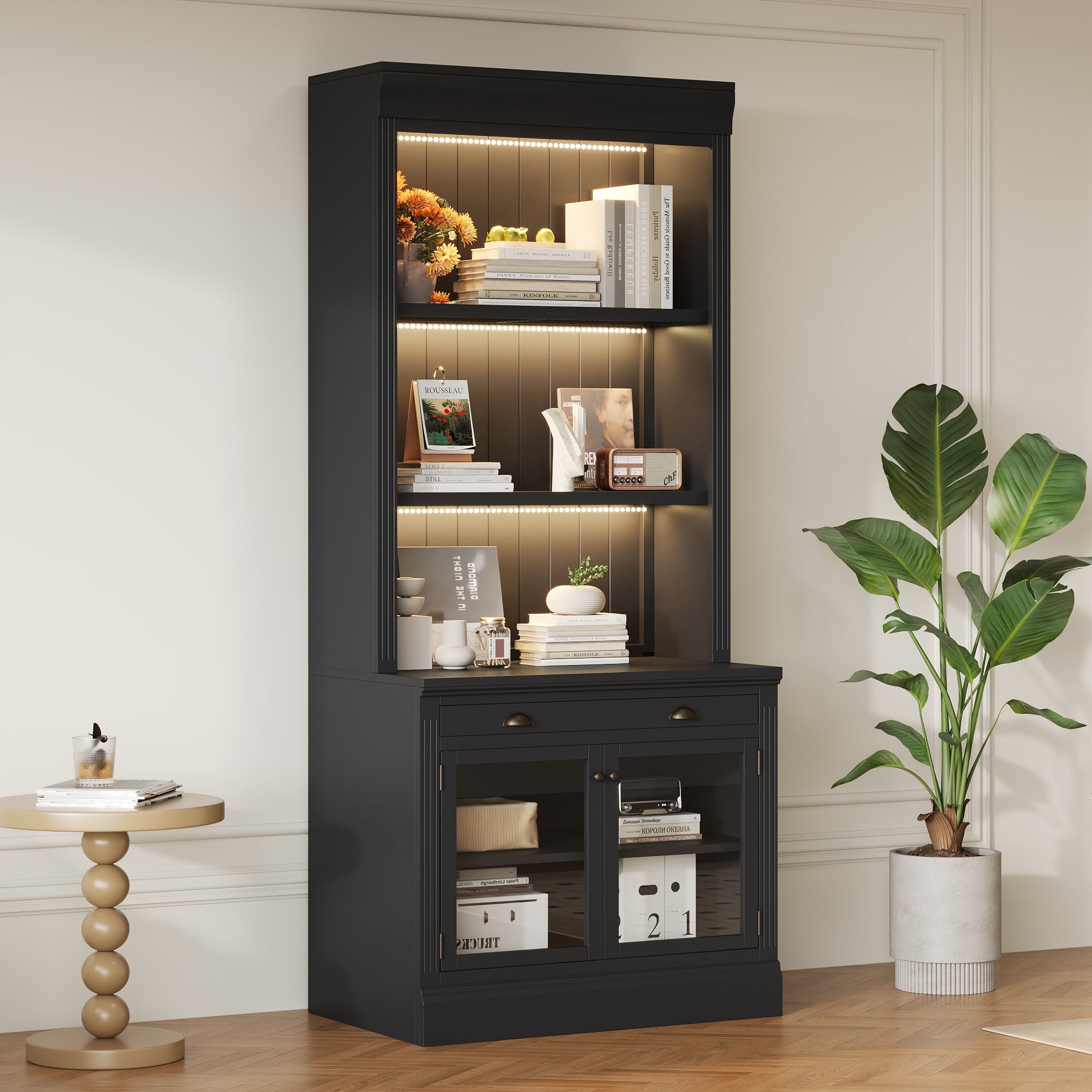 83.4'Tall Bookshelf with 3 pieces LED Lighting, Modern Bookcase with 2 Glass Doors and 1 Drawer,Storage Bookcase with Open Sh
