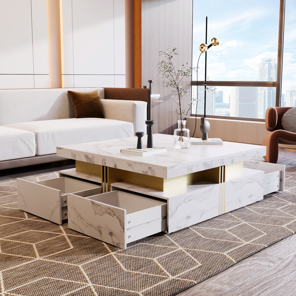 Modern White Square Storage Coffee Table with 4 Drawers - Grand Goldman Shop