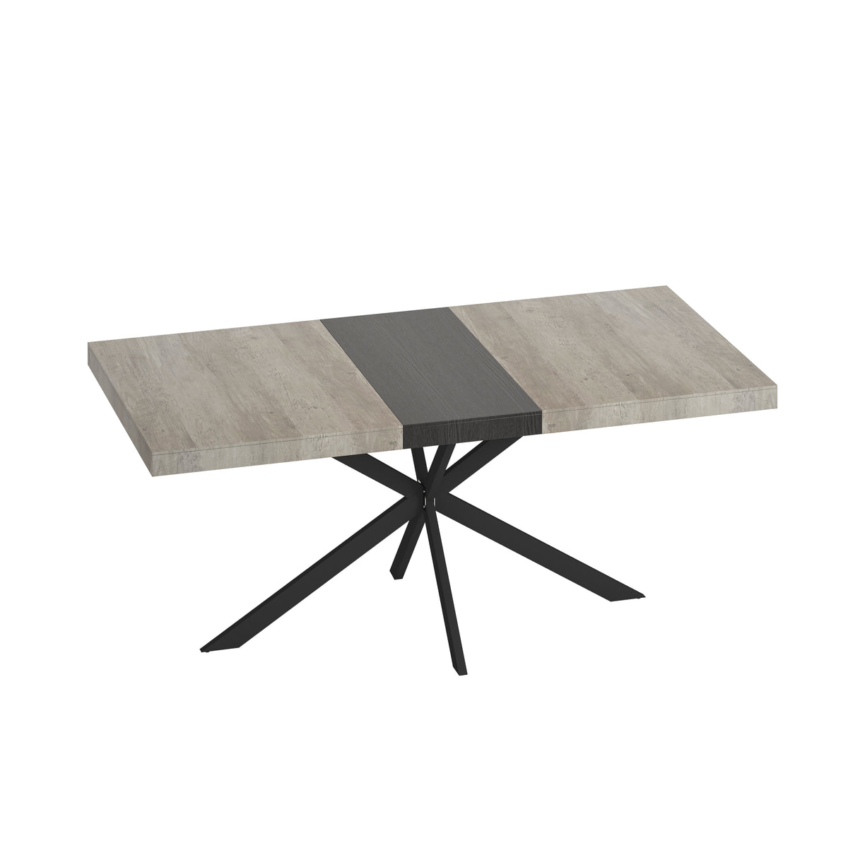 Retro Rectangular Stretch Dining Table in Grey Carole Top with Black Embossed Center Plate and Black Fine Sand Cross Iron Base, Storage Box Included, 55.11''-70.86'' Expandable - Grand Goldman Shop