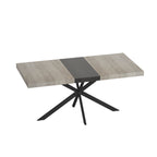 Retro Rectangular Stretch Dining Table in Grey Carole Top with Black Embossed Center Plate and Black Fine Sand Cross Iron Base, Storage Box Included, 55.11''-70.86'' Expandable - Grand Goldman Shop