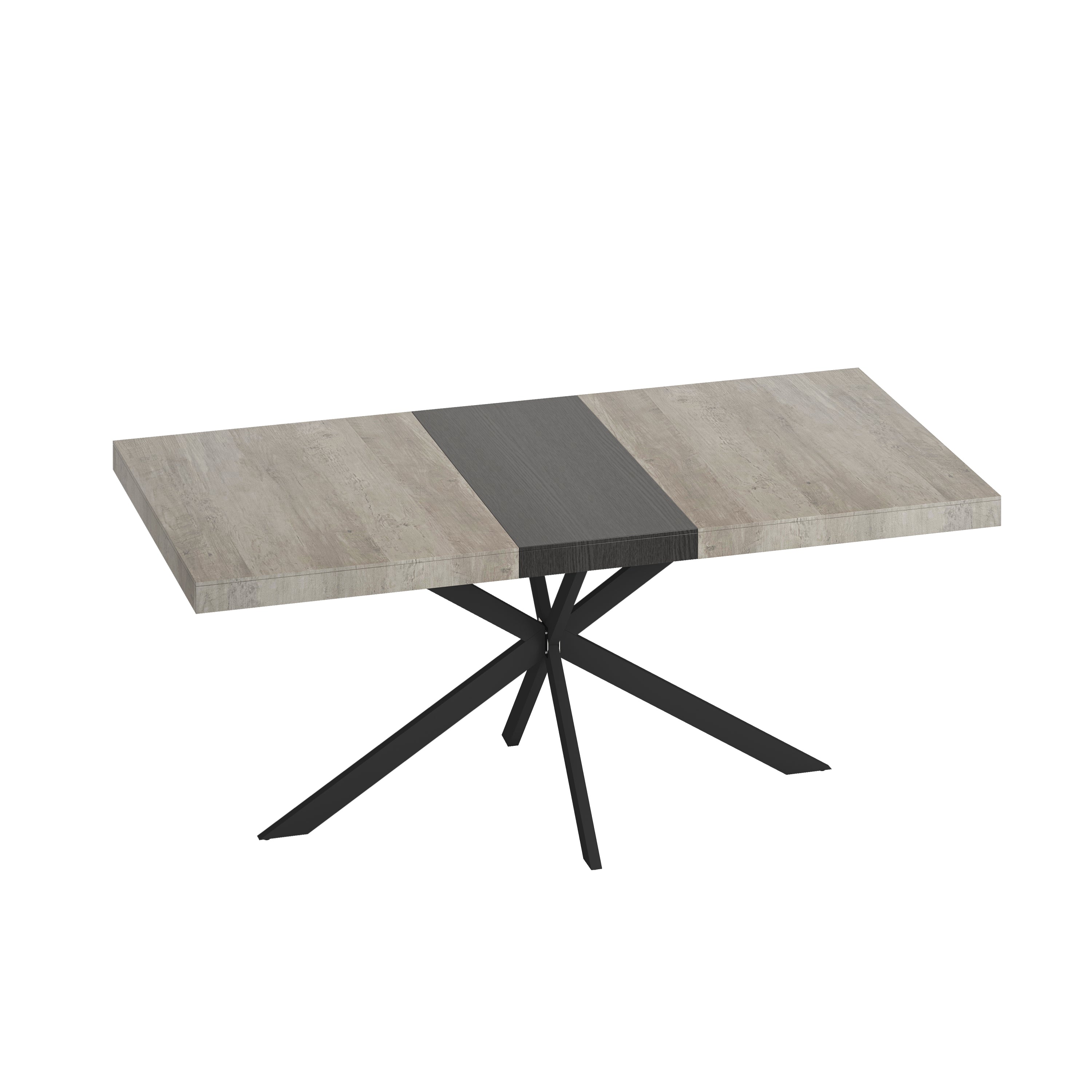 Retro Rectangular Stretch Dining Table in Grey Carole Top with Black Embossed Center Plate and Black Fine Sand Cross Iron Base, Storage Box Included, 55.11''-70.86'' Expandable - Grand Goldman Shop