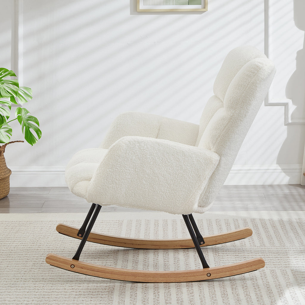 Glider Chair for Living Room Tufted Upholstered Teddy Fabric Rocking Chair with Metal Frame Accent Chair Ivory White - Grand Goldman Shop