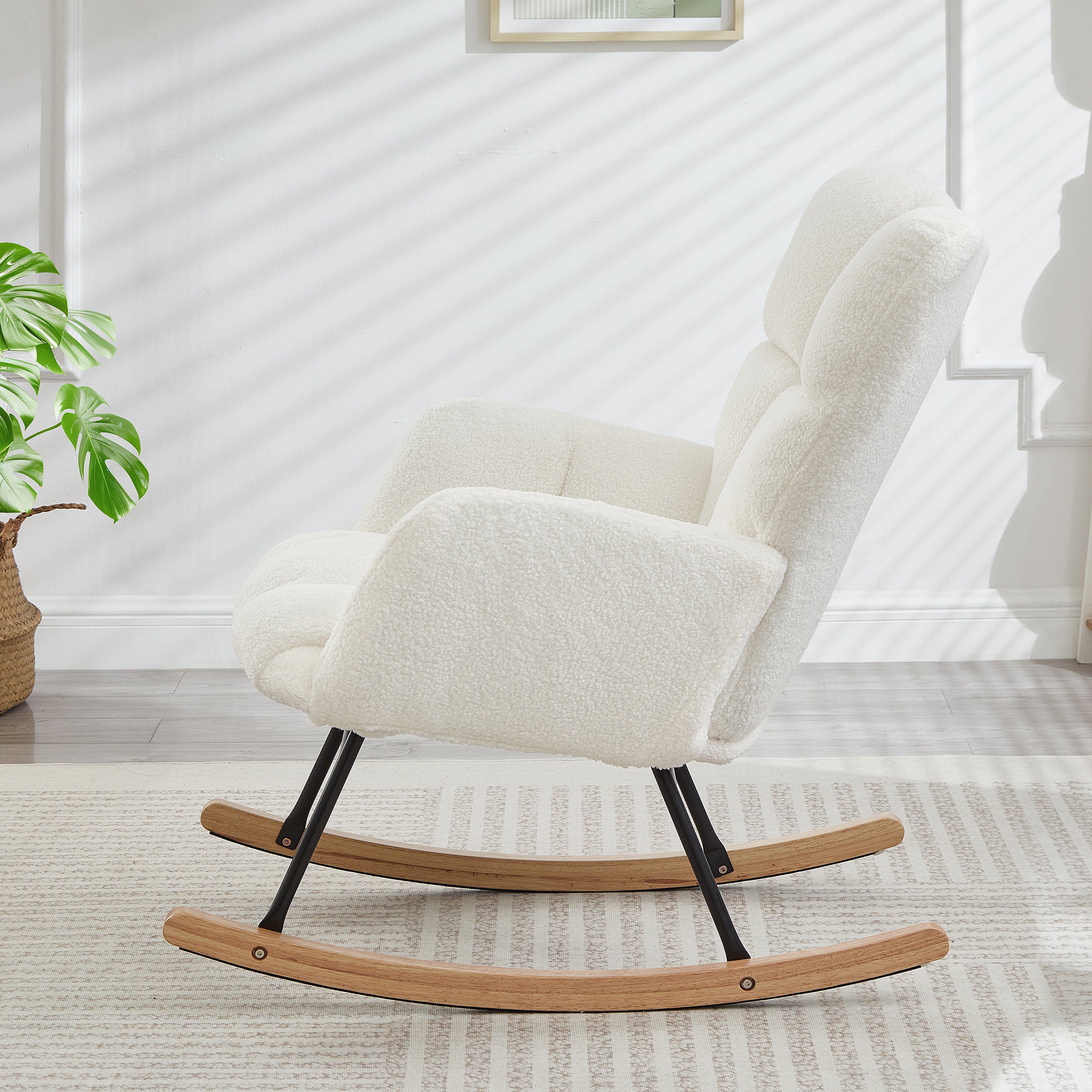 Glider Chair for Living Room Tufted Upholstered Teddy Fabric Rocking Chair with Metal Frame Accent Chair Ivory White - Grand Goldman Shop