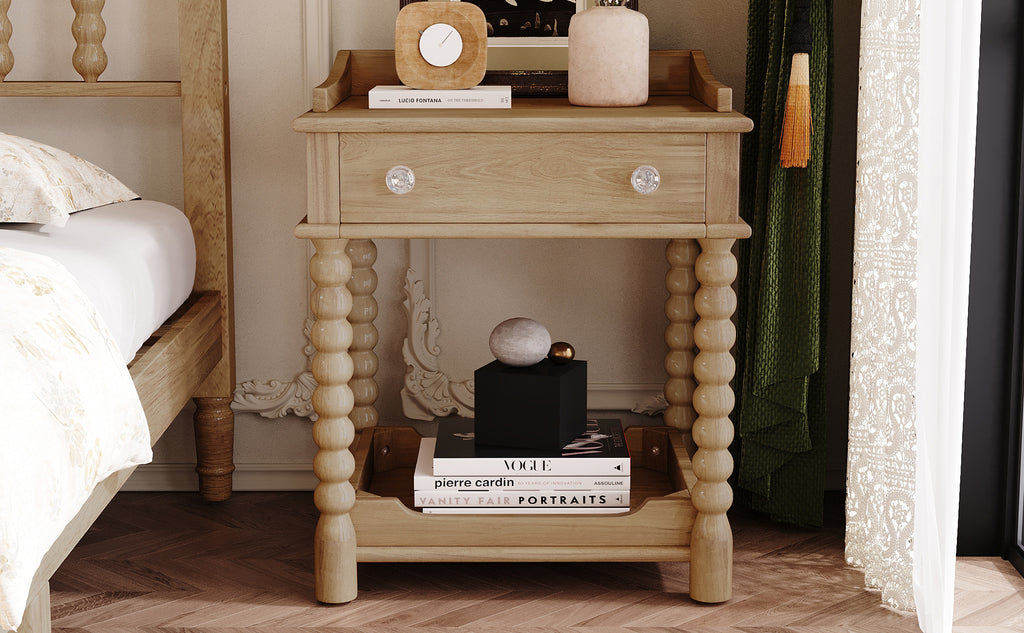 Retro Style Nightstand with Drawer and Open Shelf for Bedroom, Bedside Table with Turned Legs and Metal Handle,Natural - Grand Goldman Shop