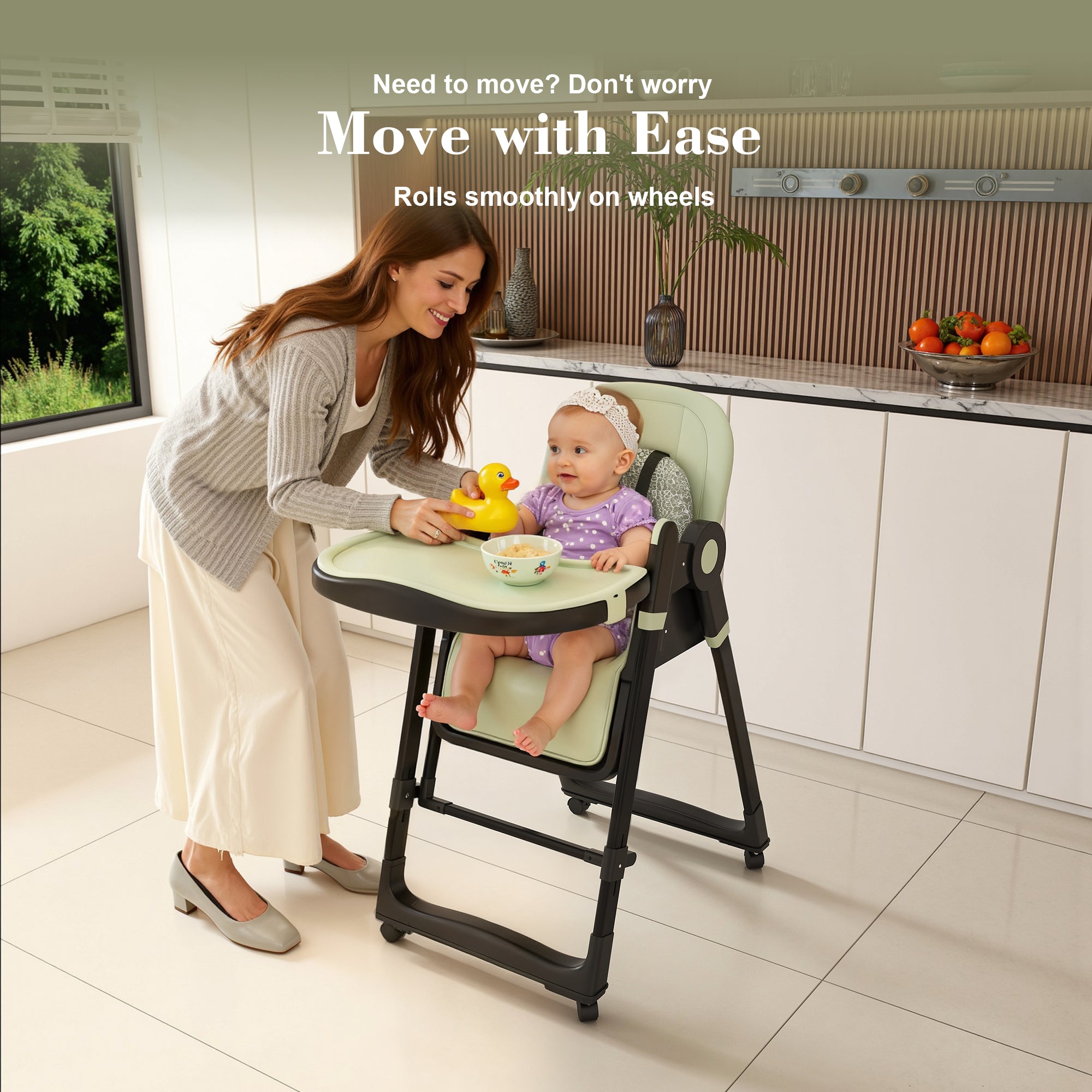 Convertible Baby High Chair to Rocker with 5-Point Harness, Foldable Infant Feeding Chair in Dark Green with Removable 2-Tier