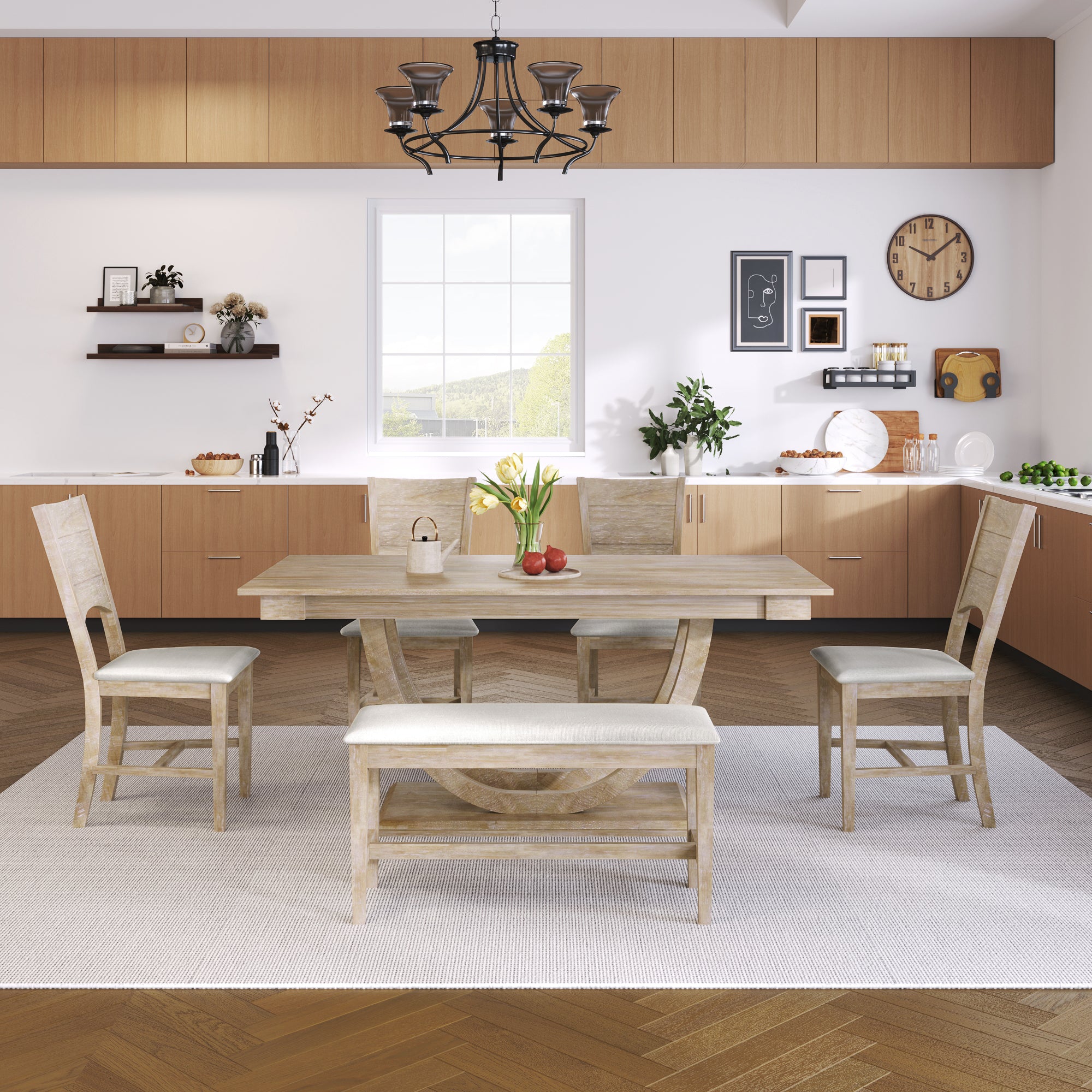 TOPMAX Modern Style Natural Wood 6-Piece Dining Table Set with Bench and Chairs, Upholstered Seats, Rubberwood Frame - Grand Goldman Shop