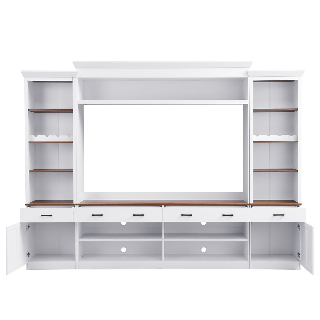 Farmhouse Entertainment Wall Unit with Bookshelf for TVs Up to 70', Walnut TV Stand with Adjustable Shelves, Mid-Century Media Console with Wine Rack for Living Room, White (NEW SKU: N721S000046K-2) - Grand Goldman Shop