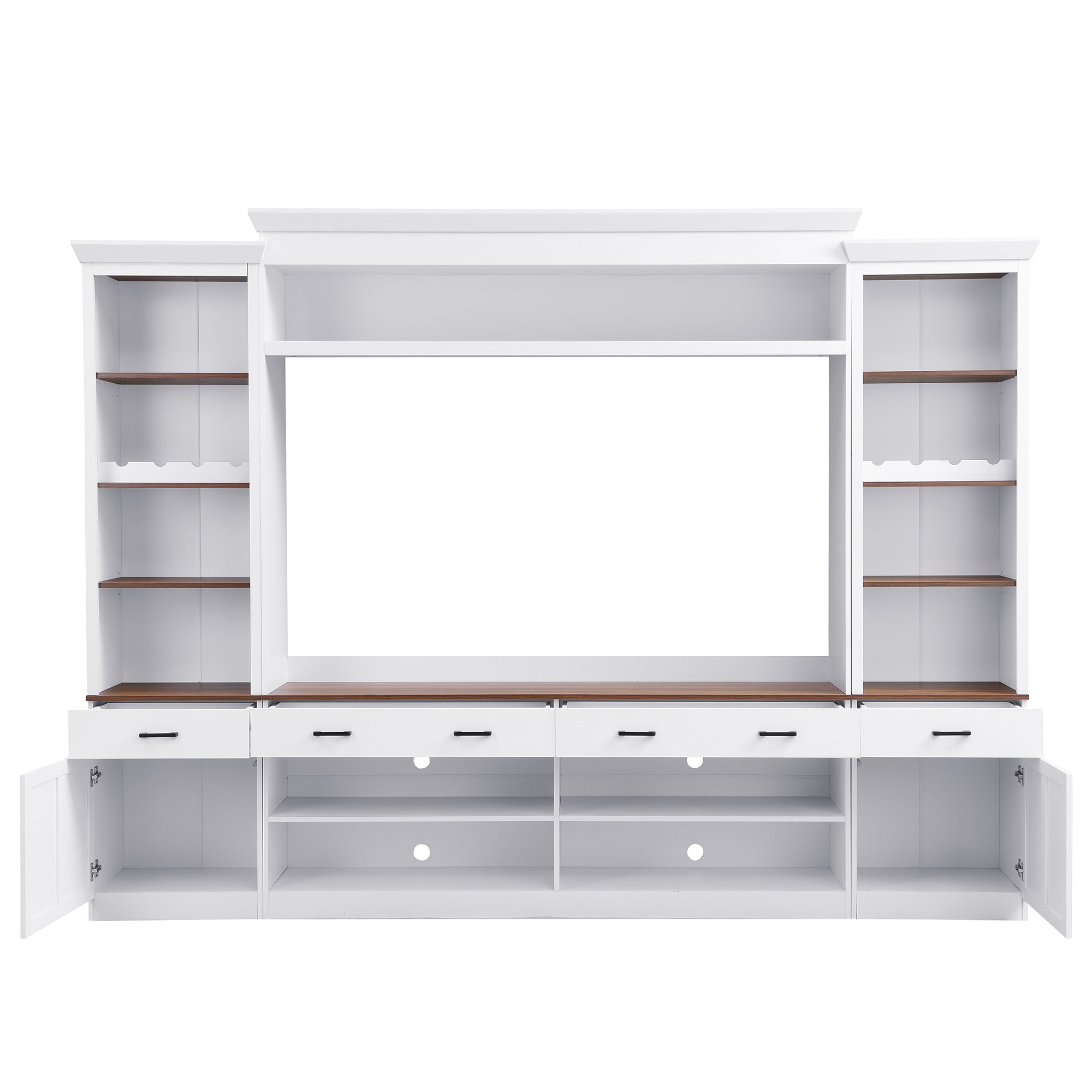 Farmhouse Entertainment Wall Unit with Bookshelf for TVs Up to 70', Walnut TV Stand with Adjustable Shelves, Mid-Century Media Console with Wine Rack for Living Room, White (NEW SKU: N721S000046K-2) - Grand Goldman Shop