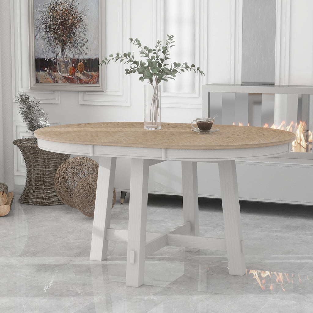 TREXM Farmhouse Round Extendable Dining Table with 16' Leaf Wood Kitchen Table (Oak Natural Wood + Antique White) - Grand Goldman Shop
