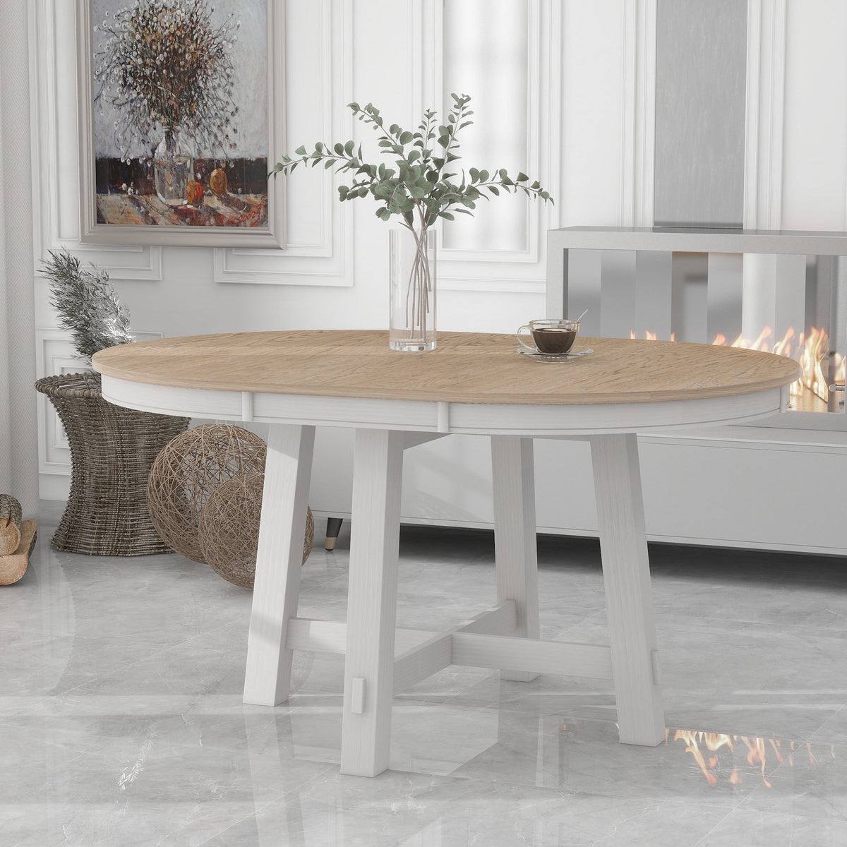 TREXM Farmhouse Round Extendable Dining Table with 16' Leaf Wood Kitchen Table (Oak Natural Wood + Antique White) - Grand Goldman Shop