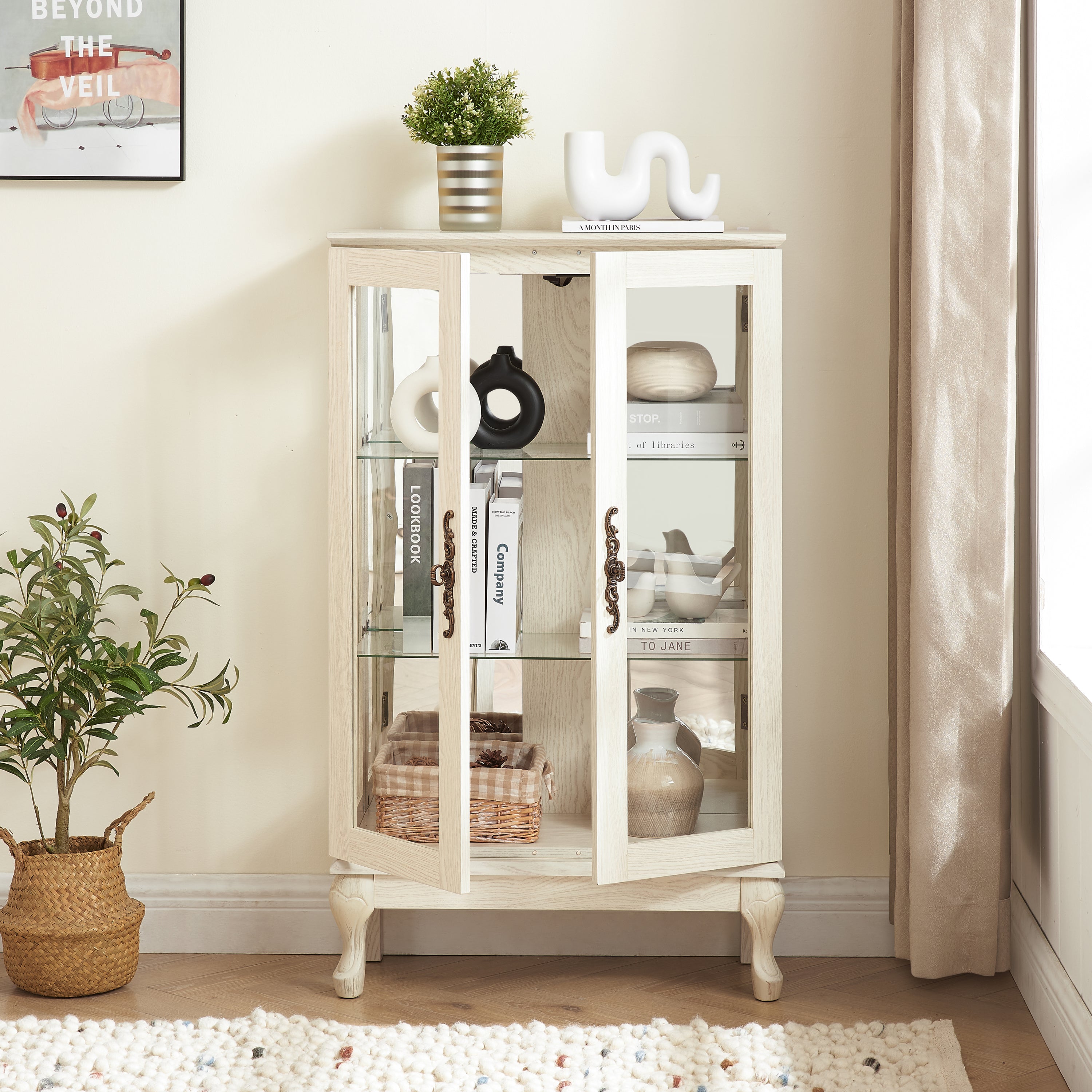 2 Doors Curio Cabinet with Tempered Glass Doors, Curio Cabinets with Mirrored Back Panel and Adjustable Shelves, Lighted Display Cabinet for Home, Office Light Bulb Included White - Grand Goldman Shop