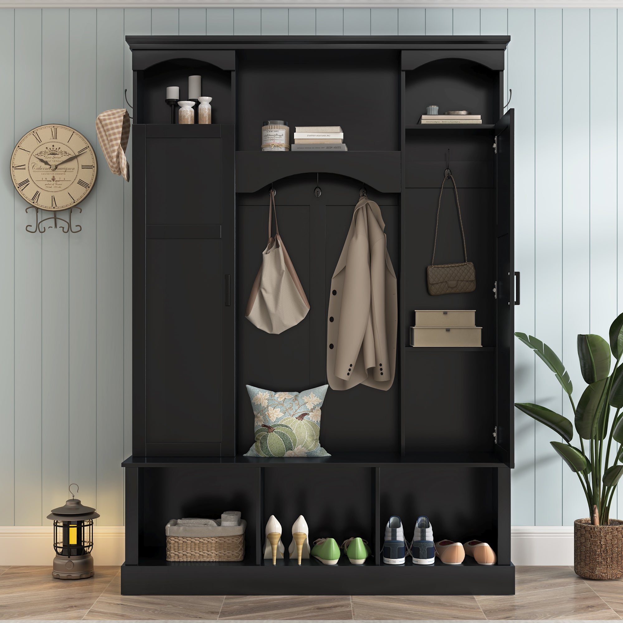 ON-TREND Modern All-in-One Hall Tree with Adjustable Shelves, Classic Arched Farmhouse Storage Bench with Dual Side Cabinets, Elegant Entryway Organizer with 7 Hooks for Mudroom, Hallway, Black - Grand Goldman Shop