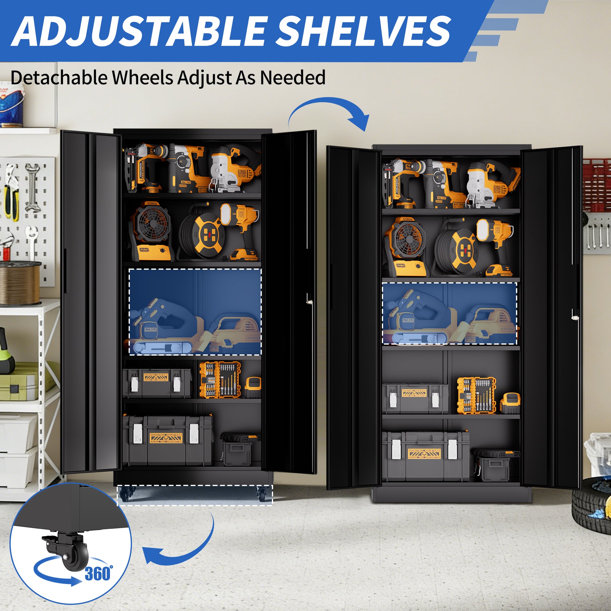 Heavy Duty Rolling Metal Cabinet with Lock, 71 inch Garage Storage Cabinet, 4 Adjustable Shelves (180lb Each), Black, for Too